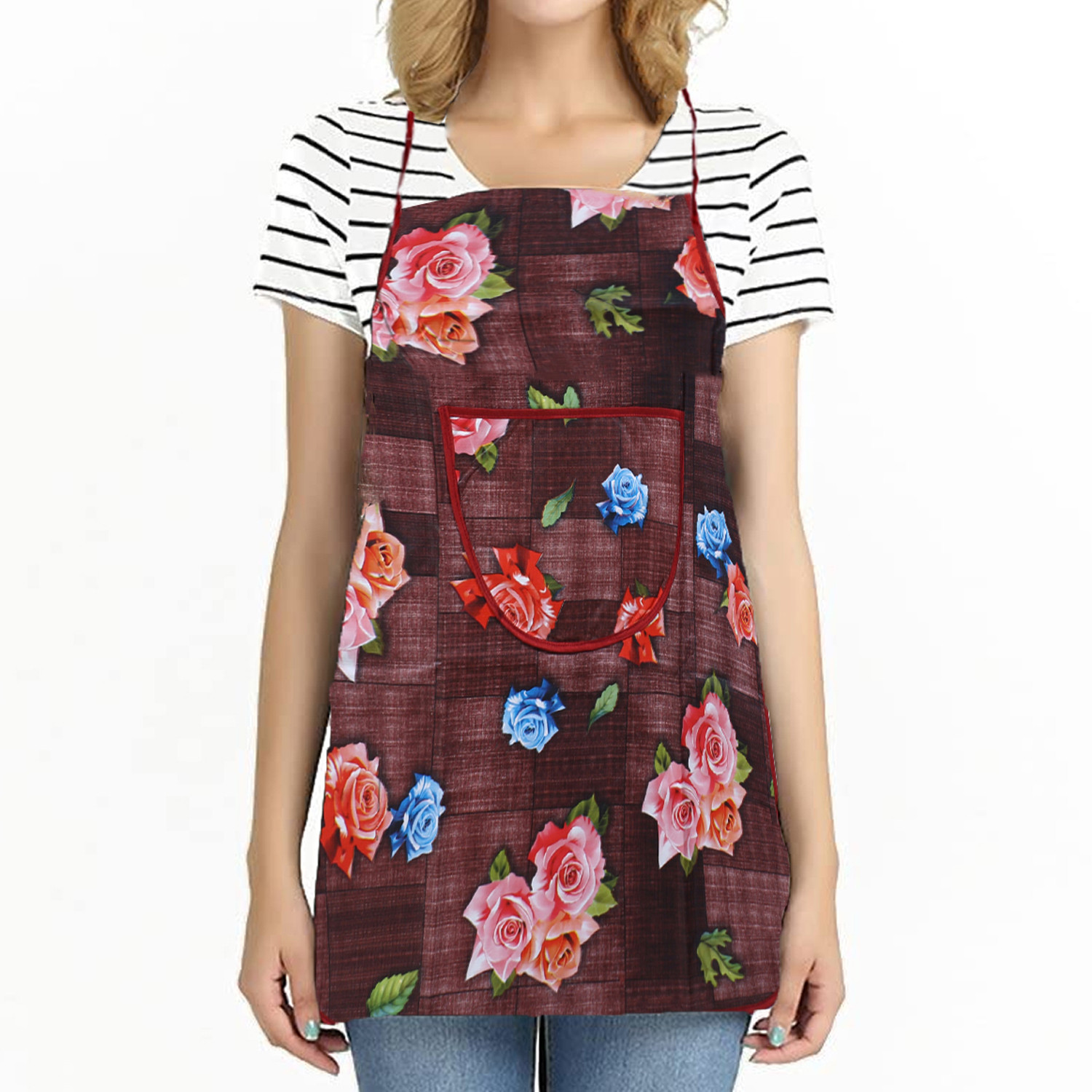 Kuber Industries Apron|PVC Unique Rose Printed Kitchen Chef Cloth|Waterproof Centre Pocket Apron With Tying Cord for Men & Women (Maroon)