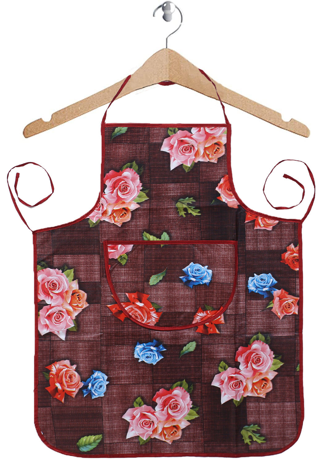 Kuber Industries Apron|PVC Unique Rose Printed Kitchen Chef Cloth|Waterproof Centre Pocket Apron With Tying Cord for Men & Women (Maroon)