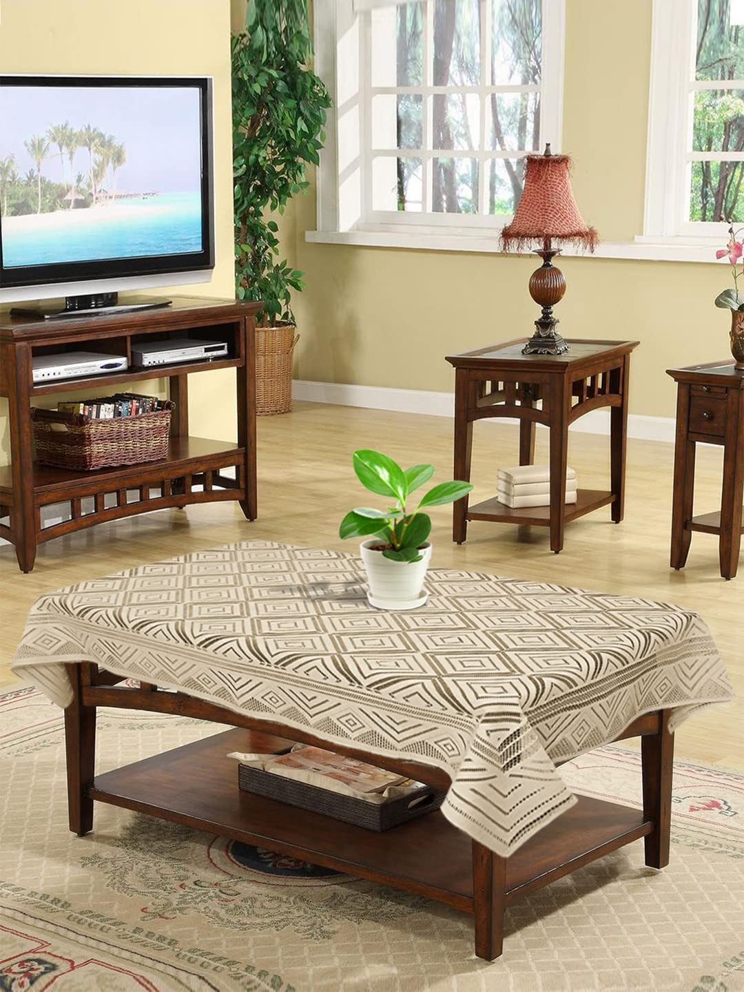 Kuber Industries Argyle Printed Cotton 4 Seater Center Table Cover40x60 Cream-44KM023