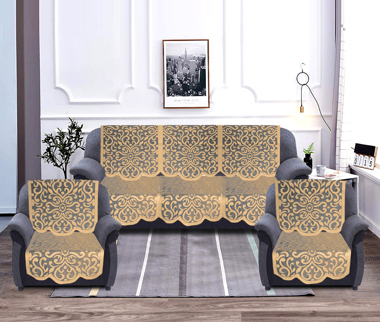 Kuber Industries Artcam Design 5 Seater Cotton Sofa Cover Set (Golden)