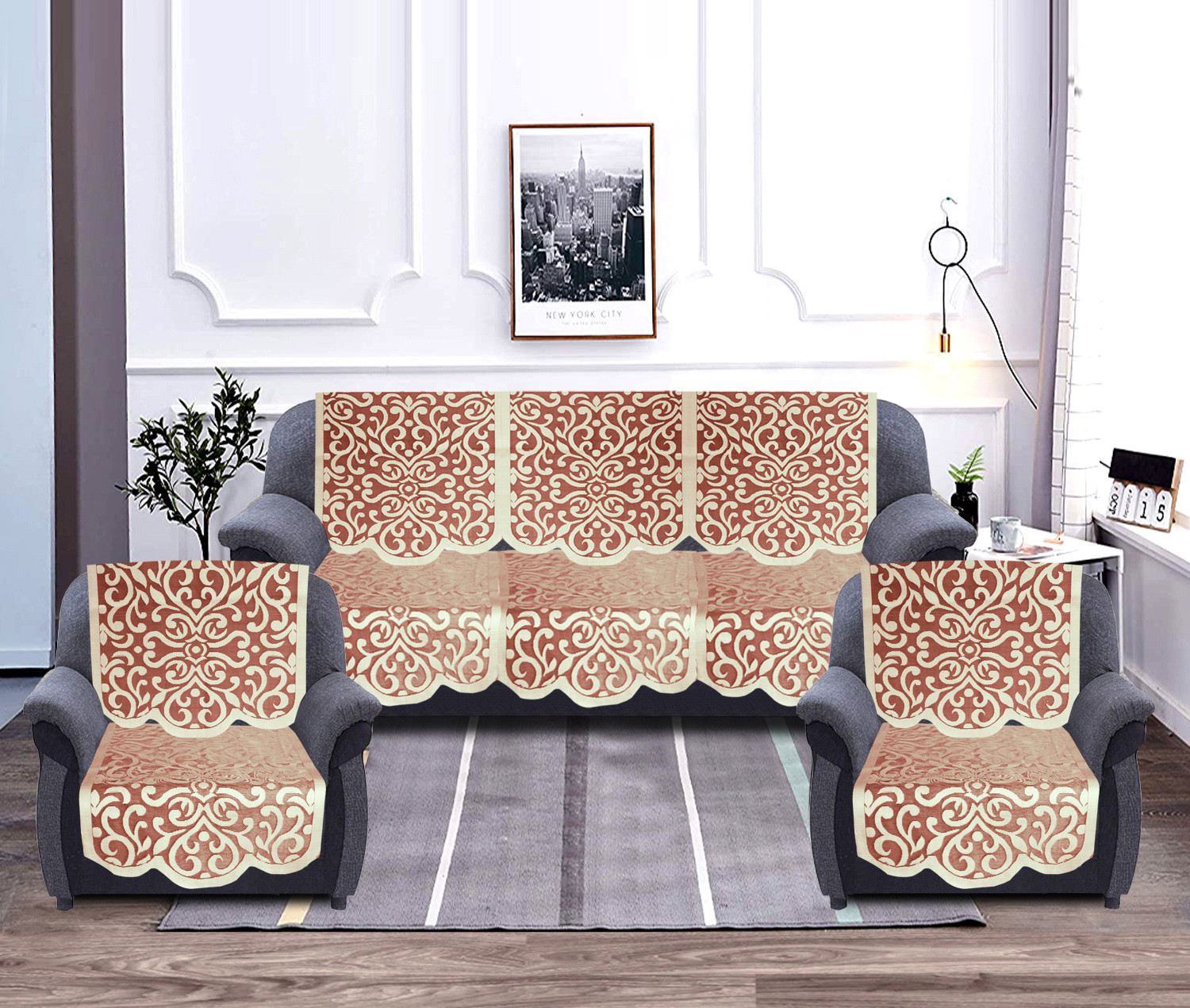Kuber Industries Artcam Design 5 Seater Cotton Sofa Cover Set (Maroon)