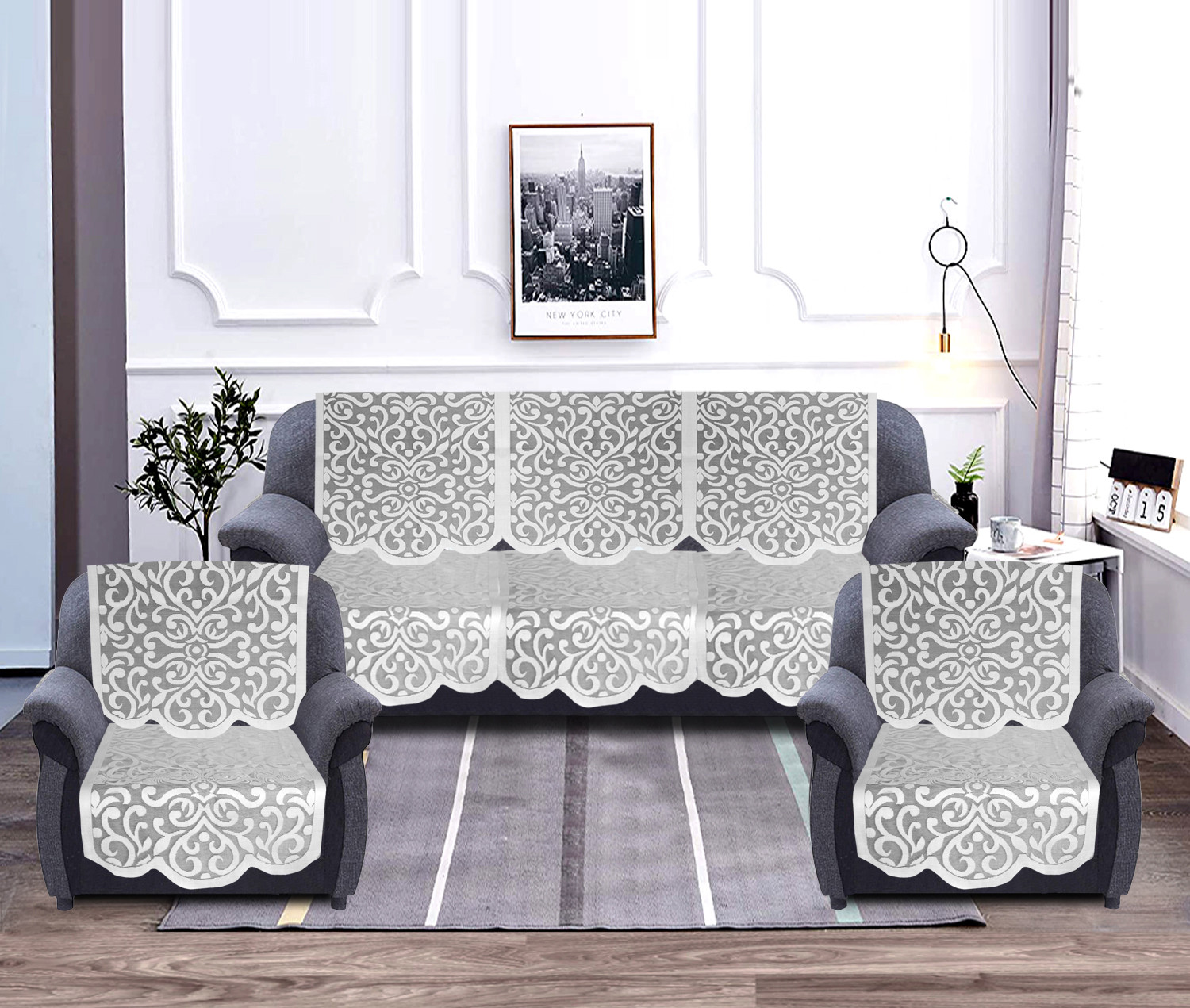 Kuber Industries Artcam Design 5 Seater Cotton Sofa Cover Set (White)