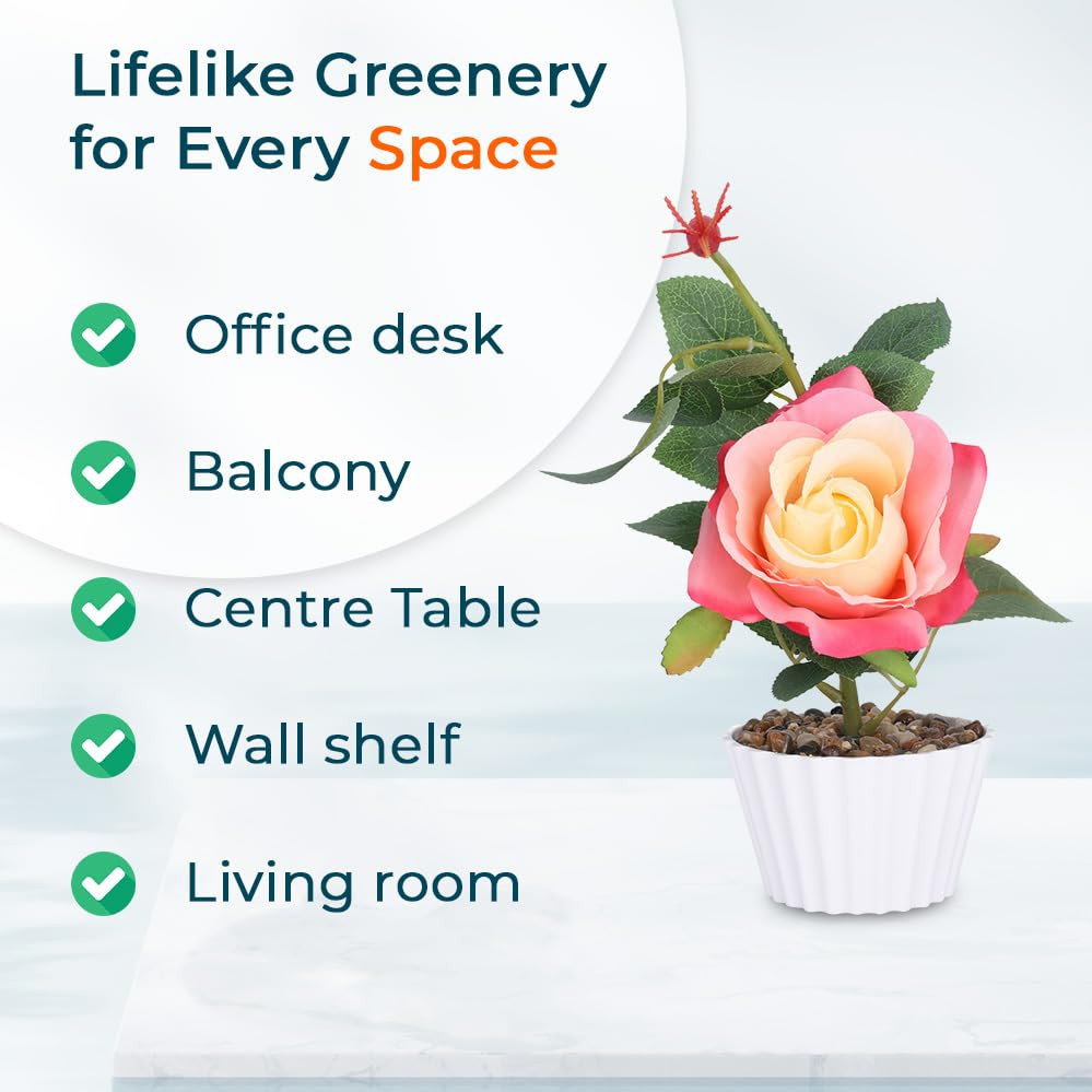 Kuber Industries Artificial Plants for Home DÃ©cor|Natural Looking Indoor Fake Plants with Pot|Artificial Flowers for Decoration (Peach)