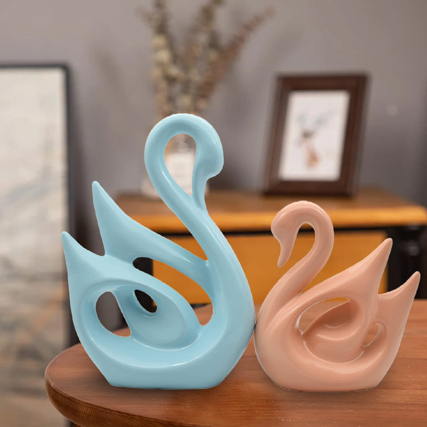 Kuber Industries Attractive Design Ceramic Finish Swan Couple Figurines For Modern Home Décor (Sky Blue & Peach)