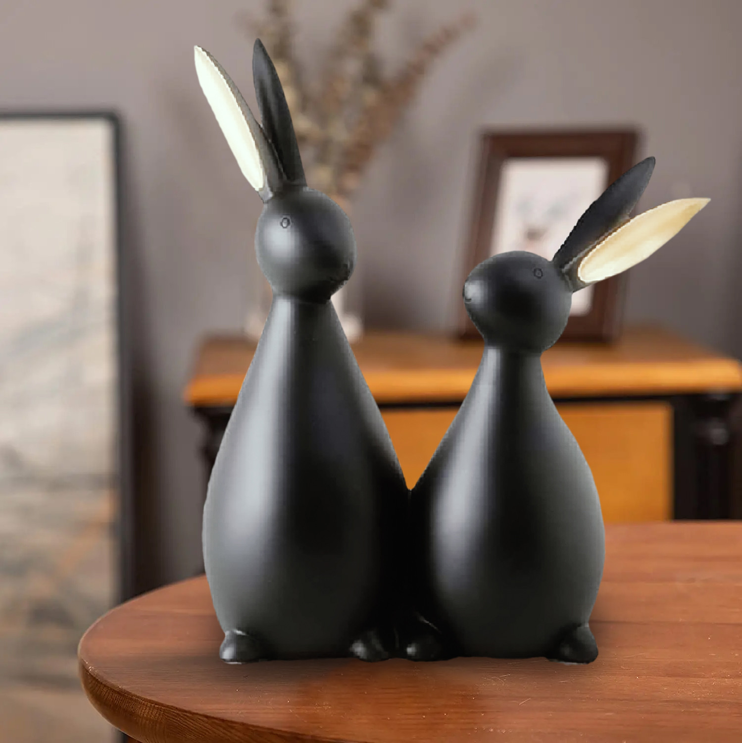 Kuber Industries Attractive Design Ceramic Rabbit Couple Figurines Idol For Home Decoration (Matte Black)