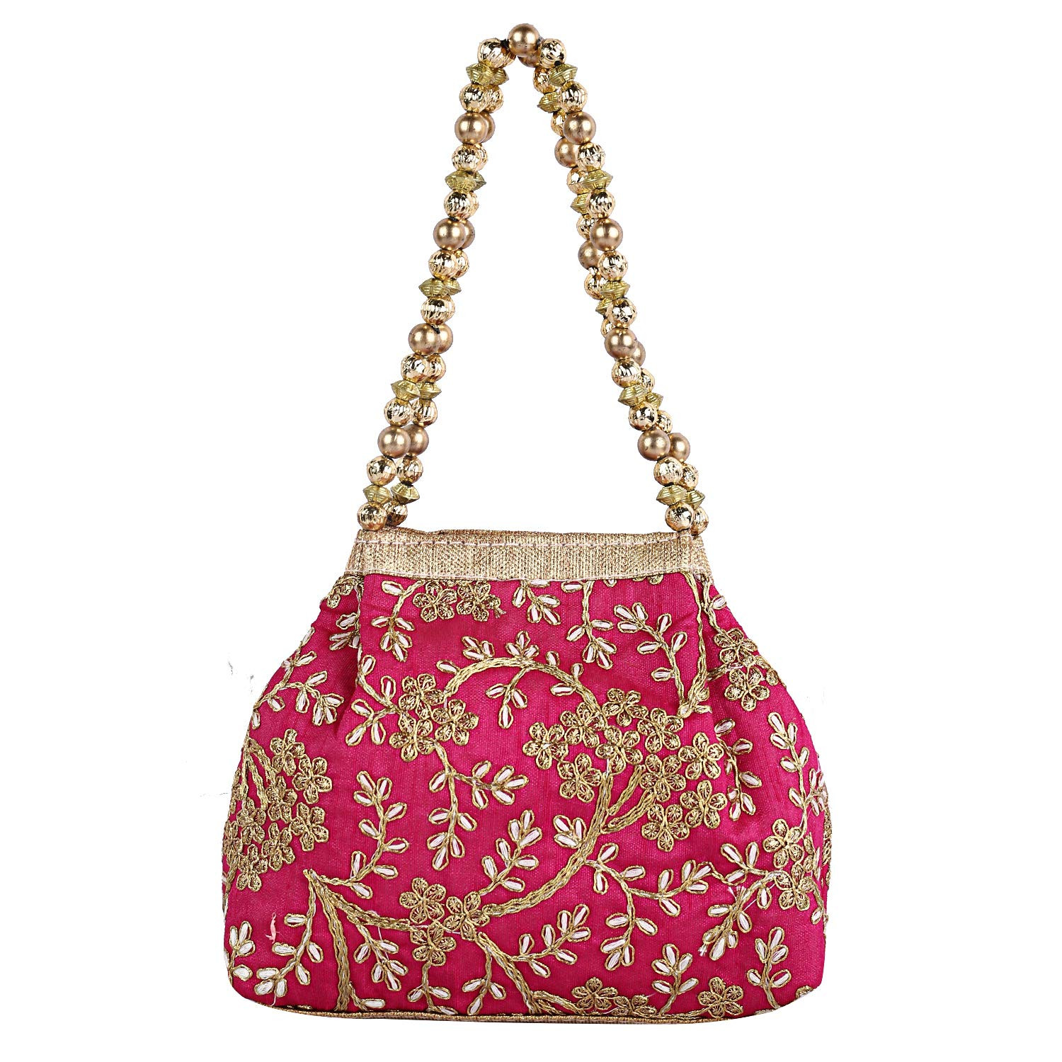 Kuber Industries Attractive Embroidery Polyester Hand Purse & Artificial Pearls Handle With 3 Magnetic Lock for Woman,Girls (Pink)
