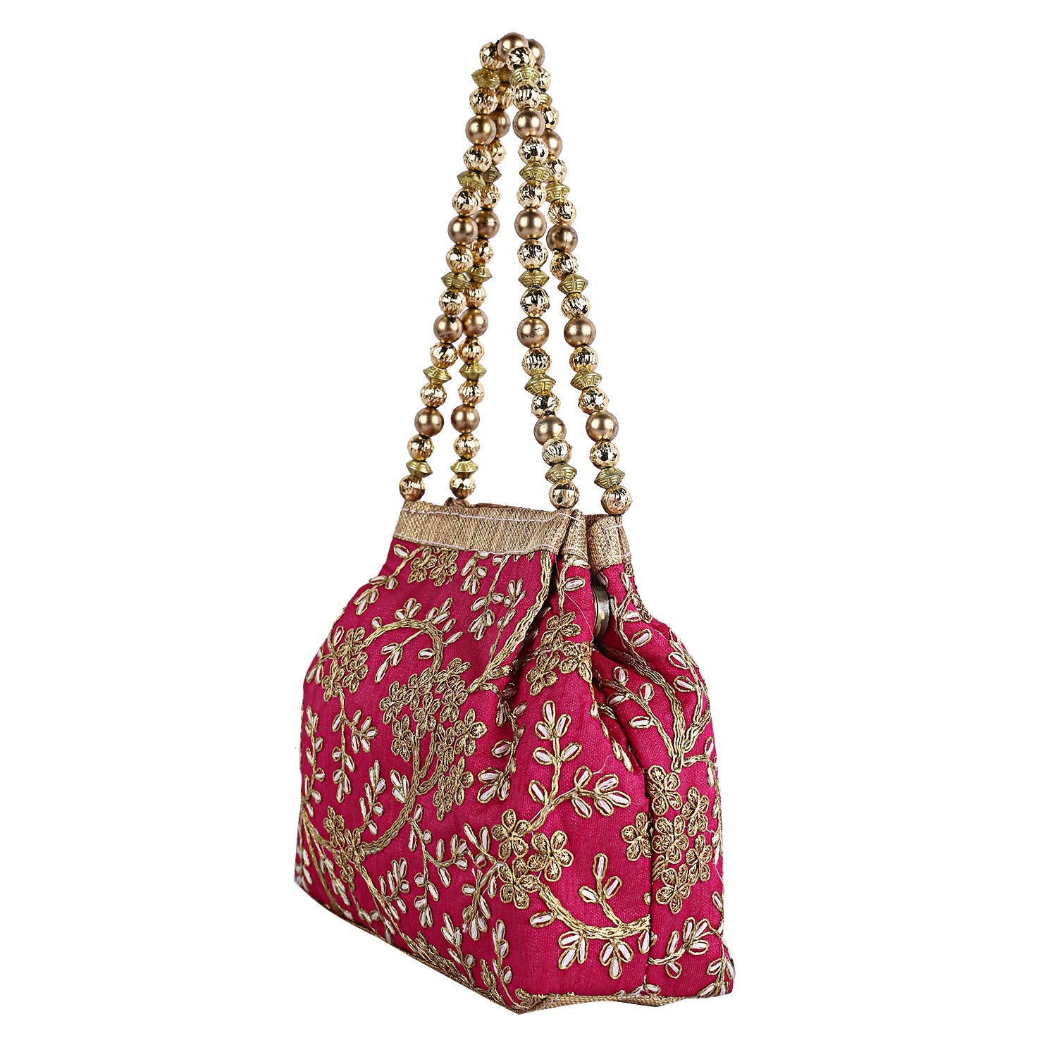 Kuber Industries Attractive Embroidery Polyester Hand Purse & Artificial Pearls Handle With 3 Magnetic Lock for Woman,Girls (Pink)