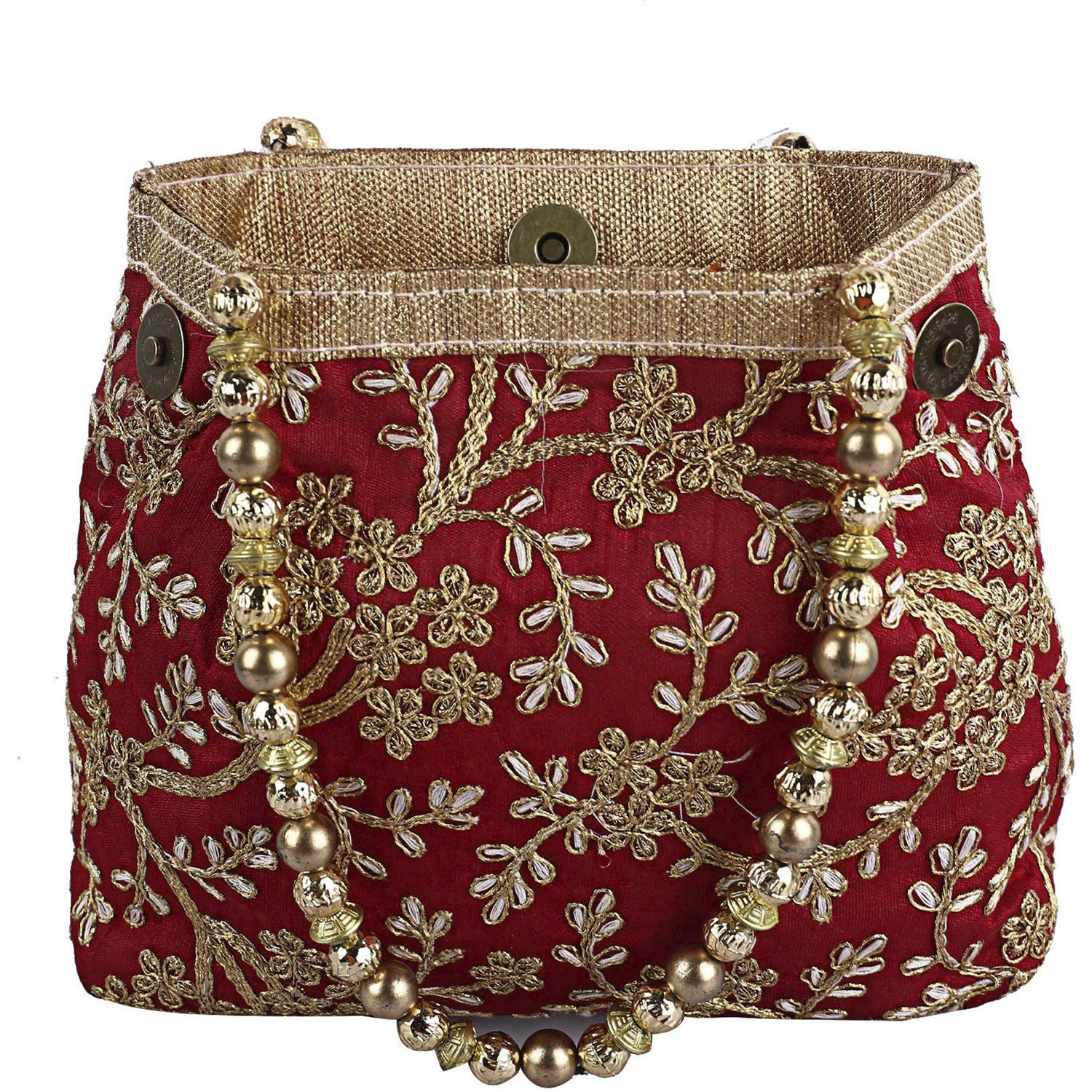 Kuber Industries Attractive Embroidery Polyester Hand Purse & Artificial Pearls Handle With 3 Magnetic Lock for Woman,Girls (Marron)