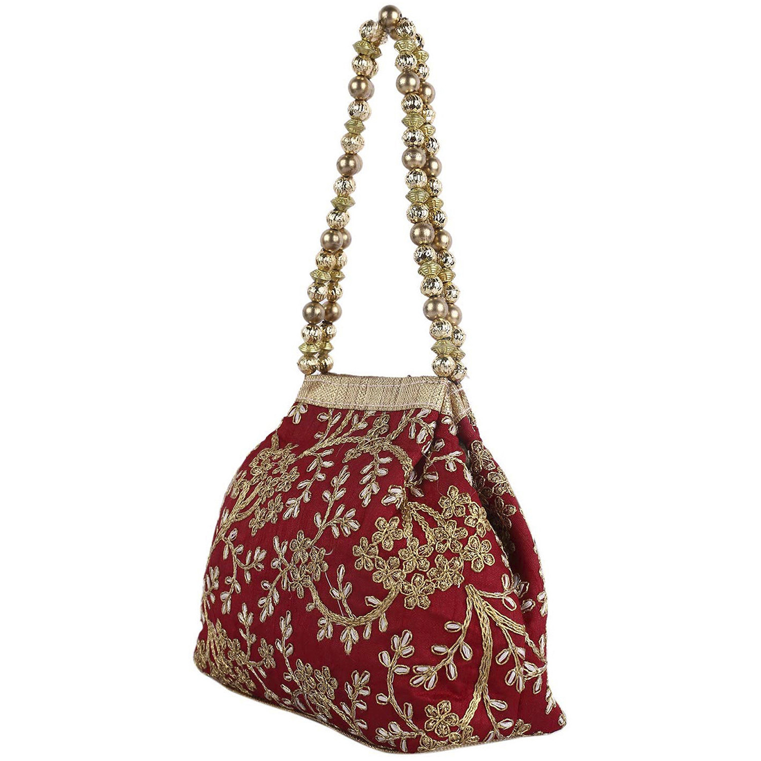 Kuber Industries Attractive Embroidery Polyester Hand Purse & Artificial Pearls Handle With 3 Magnetic Lock for Woman,Girls (Marron)