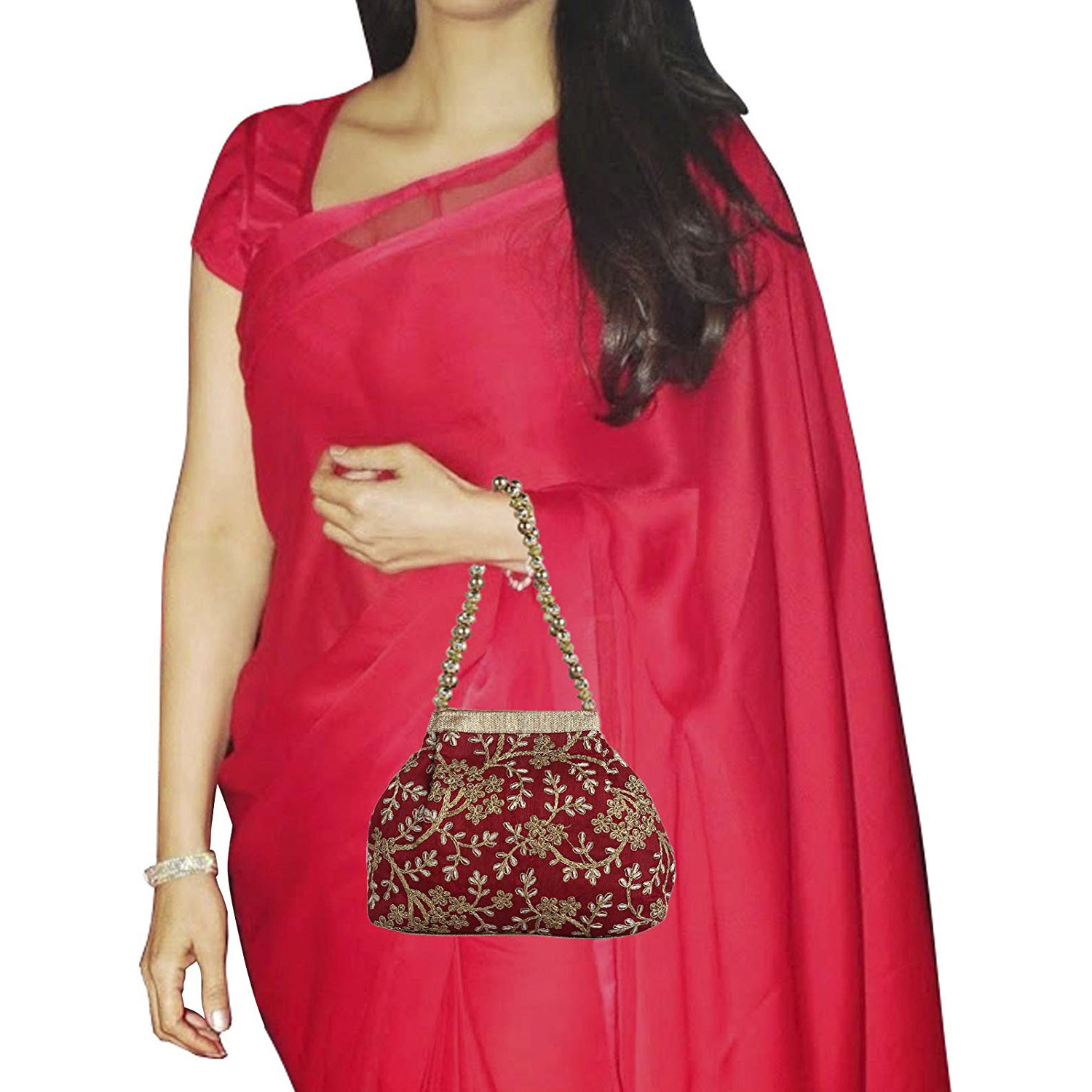 Kuber Industries Attractive Embroidery Polyester Hand Purse & Artificial Pearls Handle With 3 Magnetic Lock for Woman,Girls (Marron)