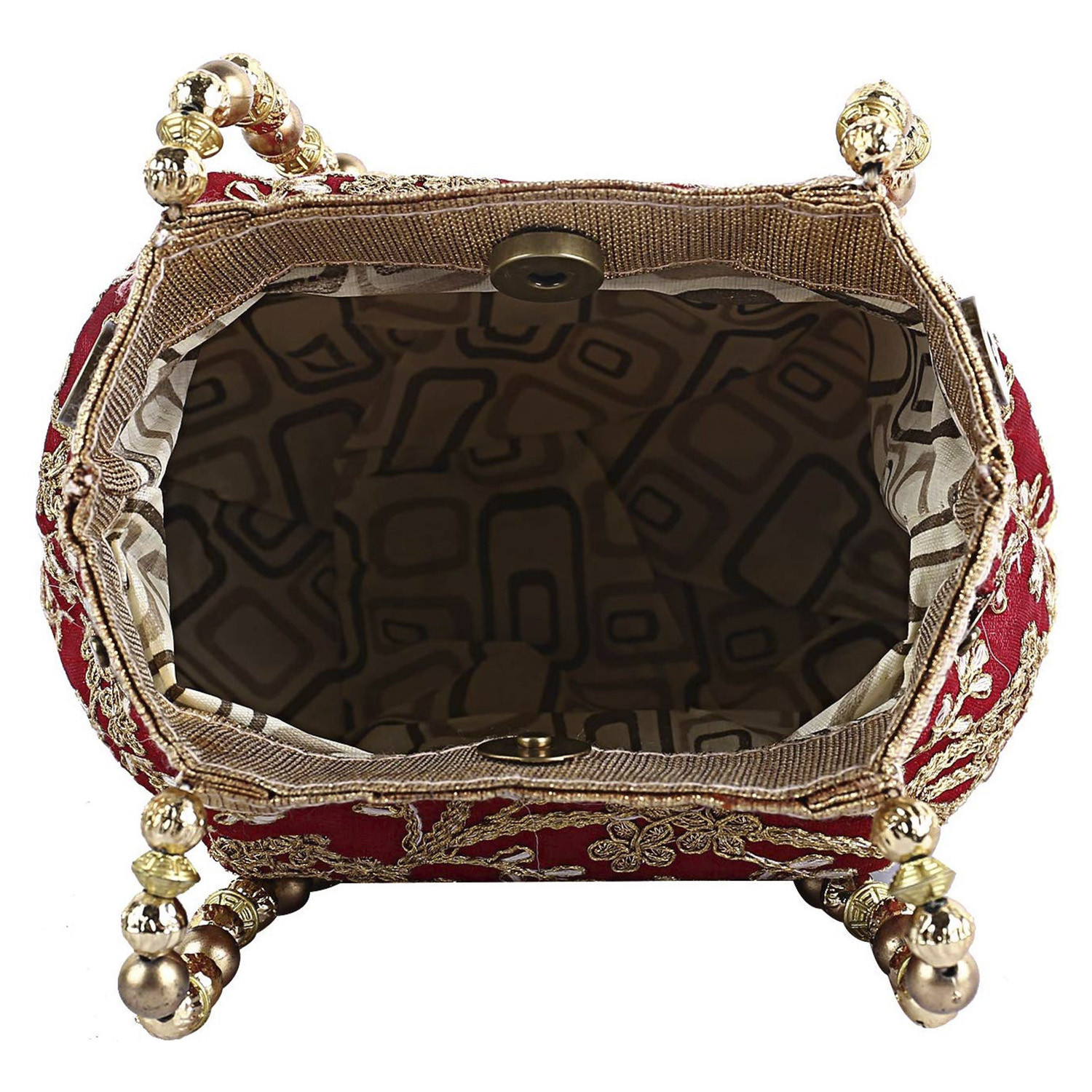 Kuber Industries Attractive Embroidery Polyester Hand Purse & Artificial Pearls Handle With 3 Magnetic Lock for Woman,Girls (Marron)