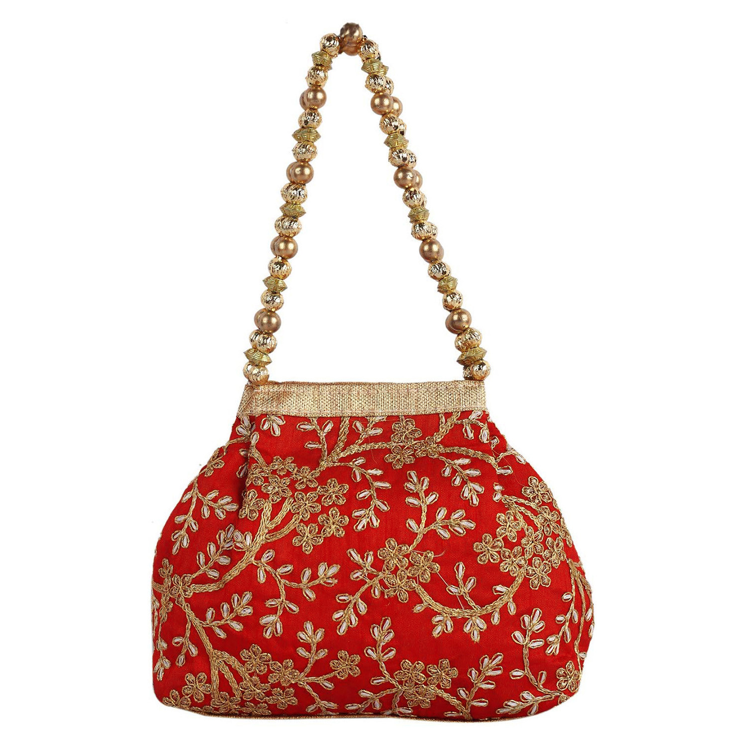 Kuber Industries Attractive Embroidery Polyester Hand Purse & Artificial Pearls Handle With 3 Magnetic Lock for Woman,Girls (Red)