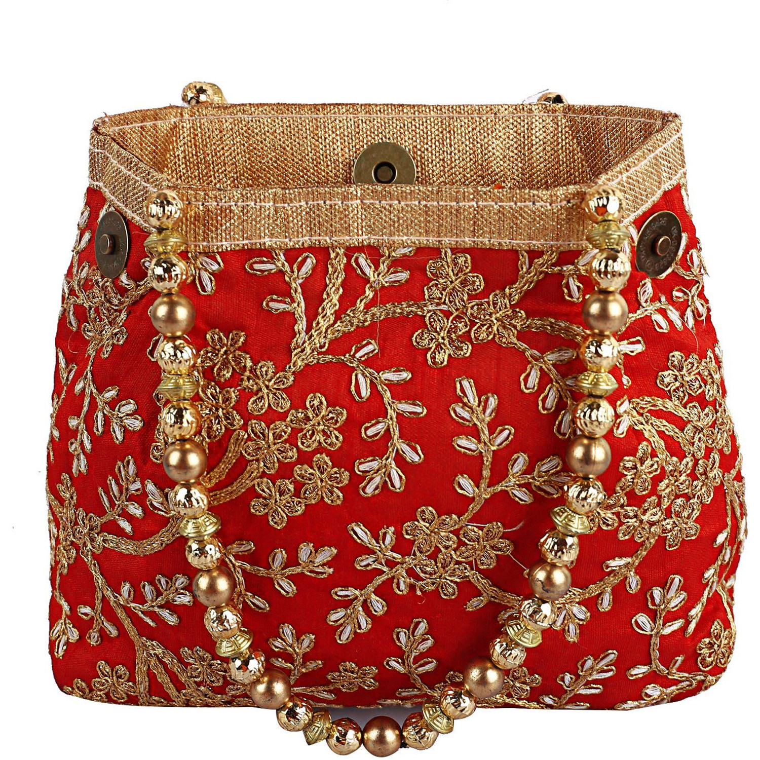 Kuber Industries Attractive Embroidery Polyester Hand Purse & Artificial Pearls Handle With 3 Magnetic Lock for Woman,Girls (Red)