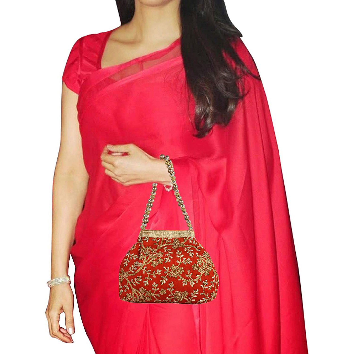 Kuber Industries Attractive Embroidery Polyester Hand Purse & Artificial Pearls Handle With 3 Magnetic Lock for Woman,Girls (Red)