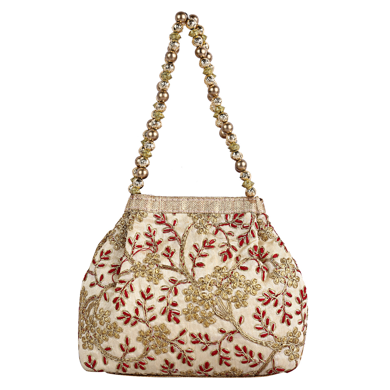Kuber Industries Attractive Embroidery Polyester Hand Purse & Artificial Pearls Handle With 3 Magnetic Lock for Woman,Girls (Cream)