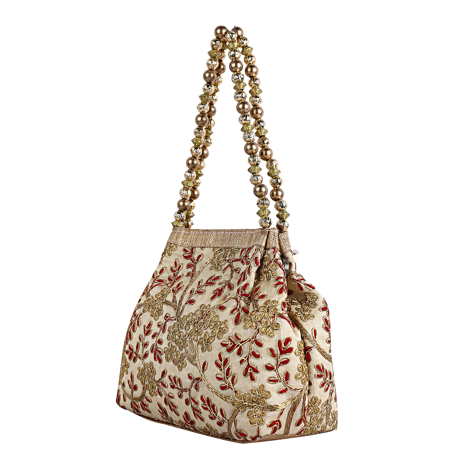 Kuber Industries Attractive Embroidery Polyester Hand Purse & Artificial Pearls Handle With 3 Magnetic Lock for Woman,Girls (Cream)