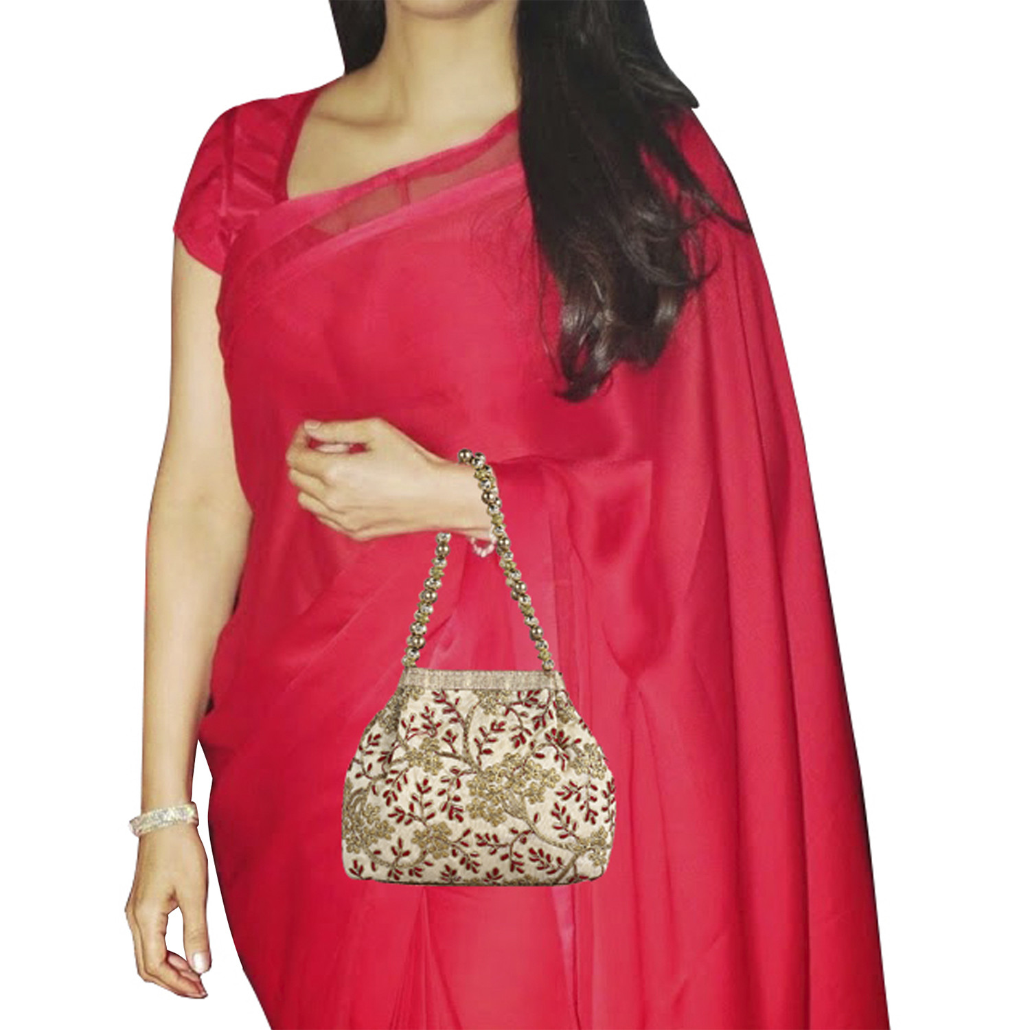 Kuber Industries Attractive Embroidery Polyester Hand Purse & Artificial Pearls Handle With 3 Magnetic Lock for Woman,Girls (Cream)