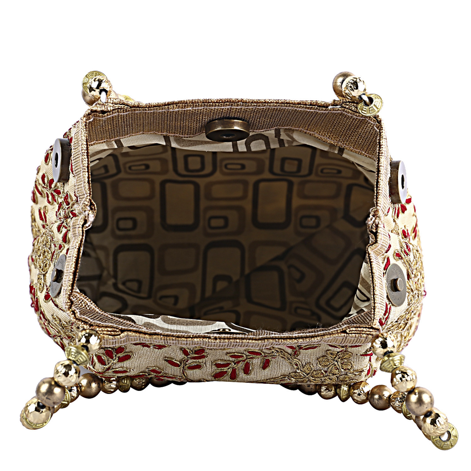 Kuber Industries Attractive Embroidery Polyester Hand Purse & Artificial Pearls Handle With 3 Magnetic Lock for Woman,Girls (Cream)