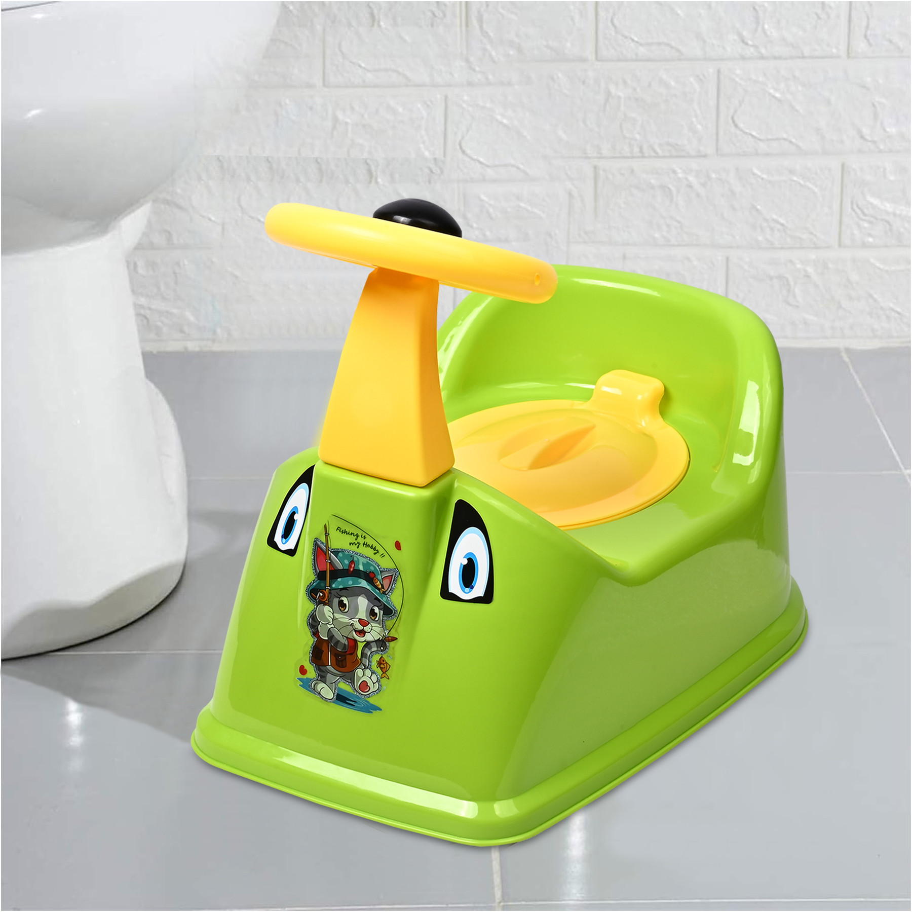 Kuber Industries Baby Potty Seat  Toilet Potty Training Seat  Baby Potty Trainer Seat  Potty Seat For Child  Potty Training Seat for Kids  Steering Design  Green  Yellow
