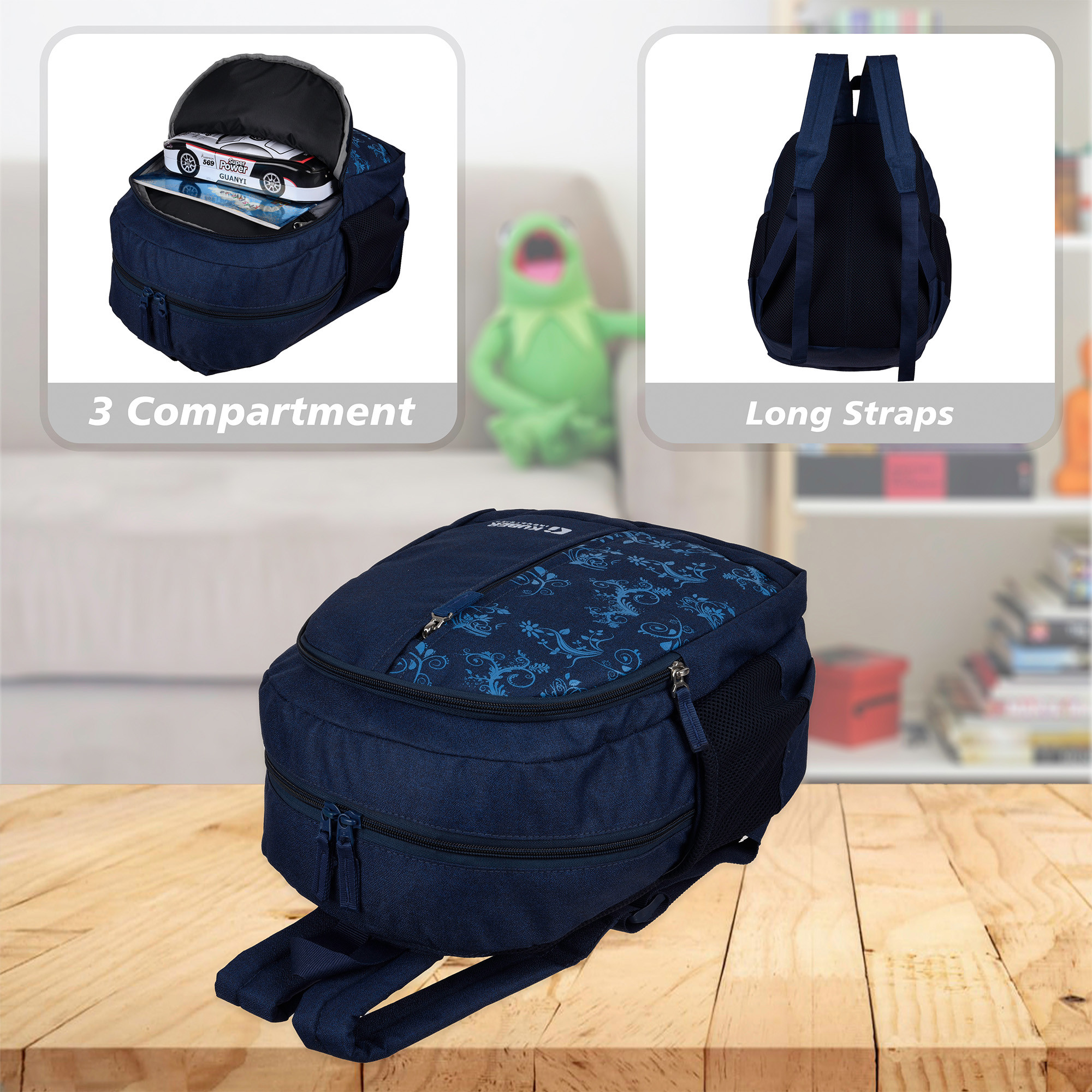 Kuber Industries Backpack  School Backpack for Kids  Collage Backpack  School Bag for Boys  Girls  3 Compartments Mini Backpack  Half Print School Bag  Navy Blue
