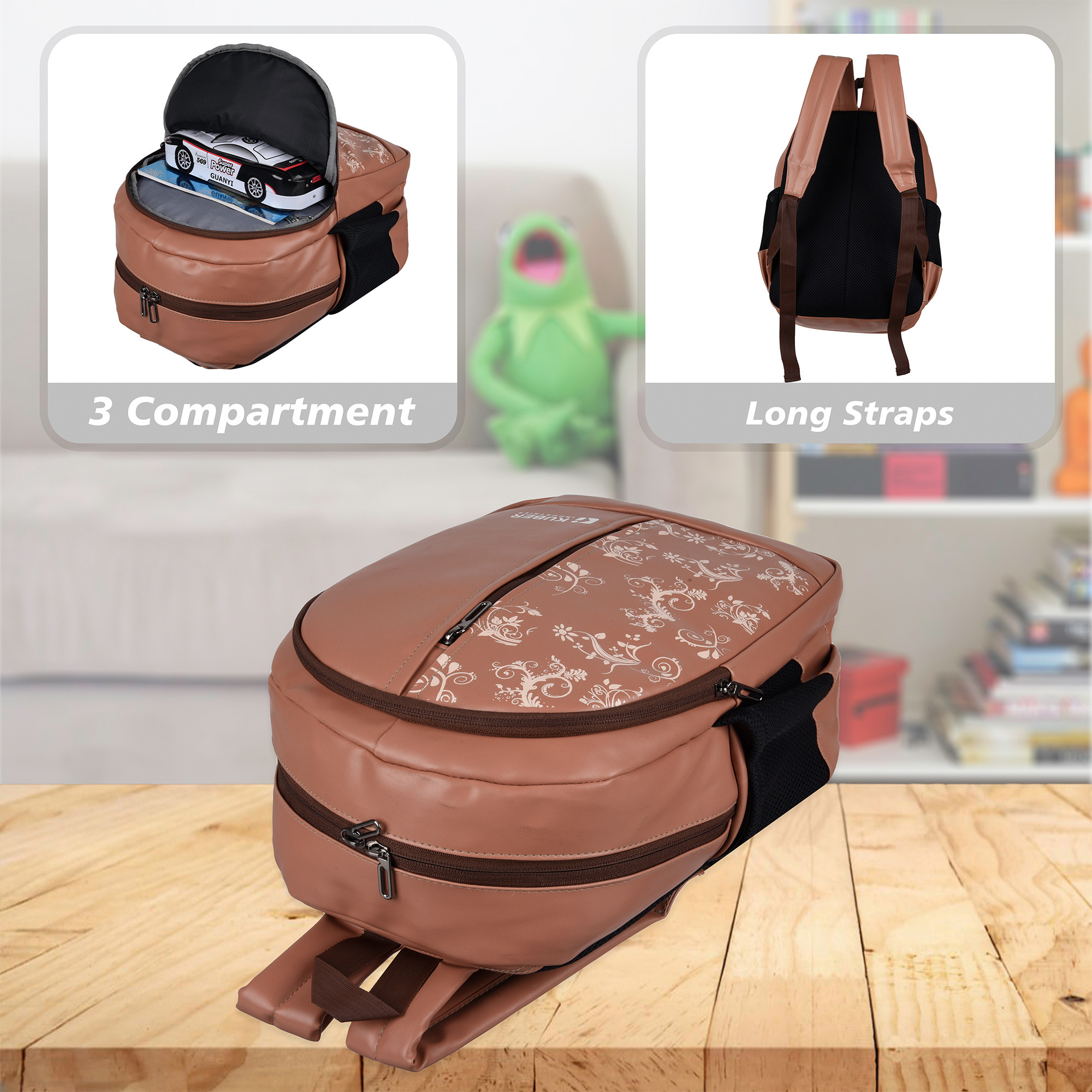 Kuber Industries Backpack | School Backpack for Kids | Collage Backpack | School Bag for Boys & Girls | 3 Compartments Mini Backpack | Half Print School Bag | Beige