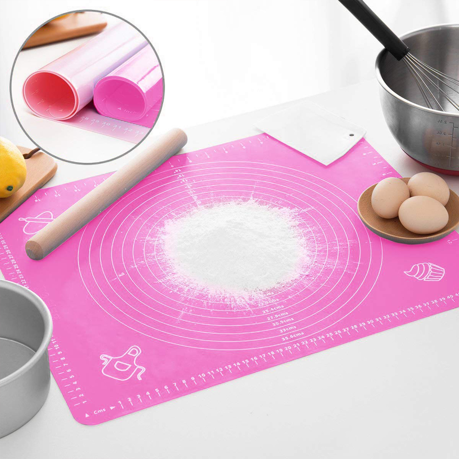 Kuber Industries Baking Mat|Silicone Non-Stick Stretchable Kneading Mat|Fondant Rolling Mat For Kitchen,Roti,Chapati,Cake,19 x 16 Inche (Pink)