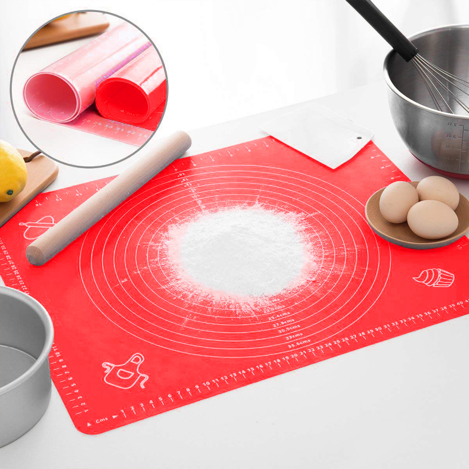 Kuber Industries Baking Mat|Silicone Non-Stick Stretchable Kneading Mat|Fondant Rolling Mat For Kitchen,Roti,Chapati,Cake,19 x 16 Inche (Red)