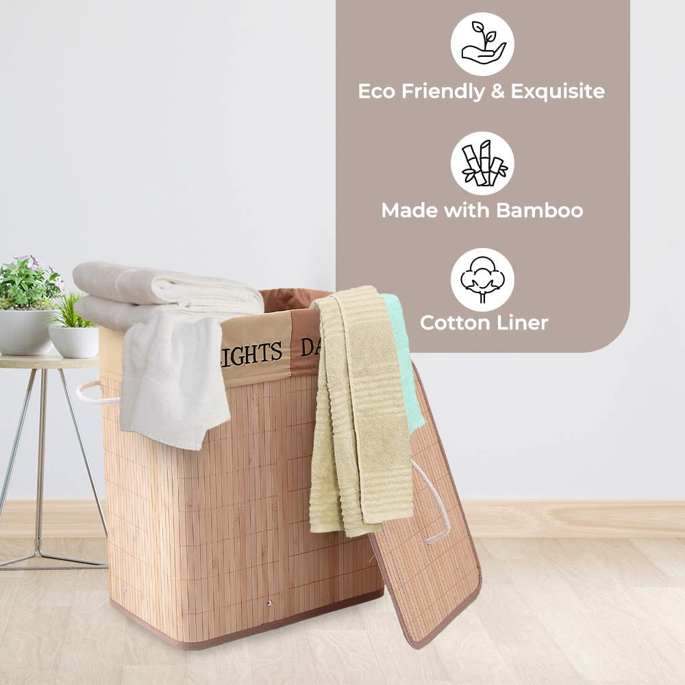 Kuber Industries Bamboo Basket With Lid|Foldable Laundry Basket For Clothes|Durable Rope Handles & Removable Bag|Natural|Pack Of 1