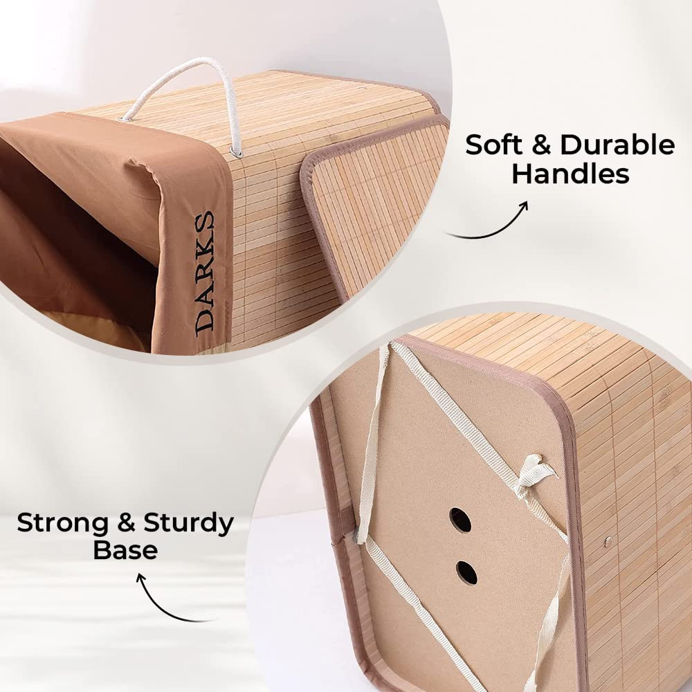 Kuber Industries Bamboo Basket With Lid|Foldable Laundry Basket For Clothes|Durable Rope Handles & Removable Bag|Natural|Pack Of 1
