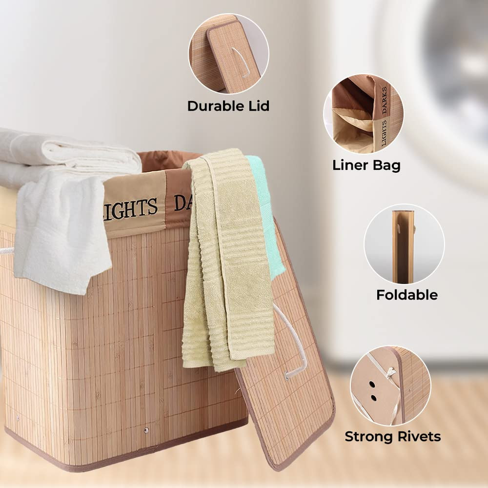 Kuber Industries Bamboo Basket With Lid|Foldable Laundry Basket For Clothes|Durable Rope Handles & Removable Bag|Natural|Pack Of 1