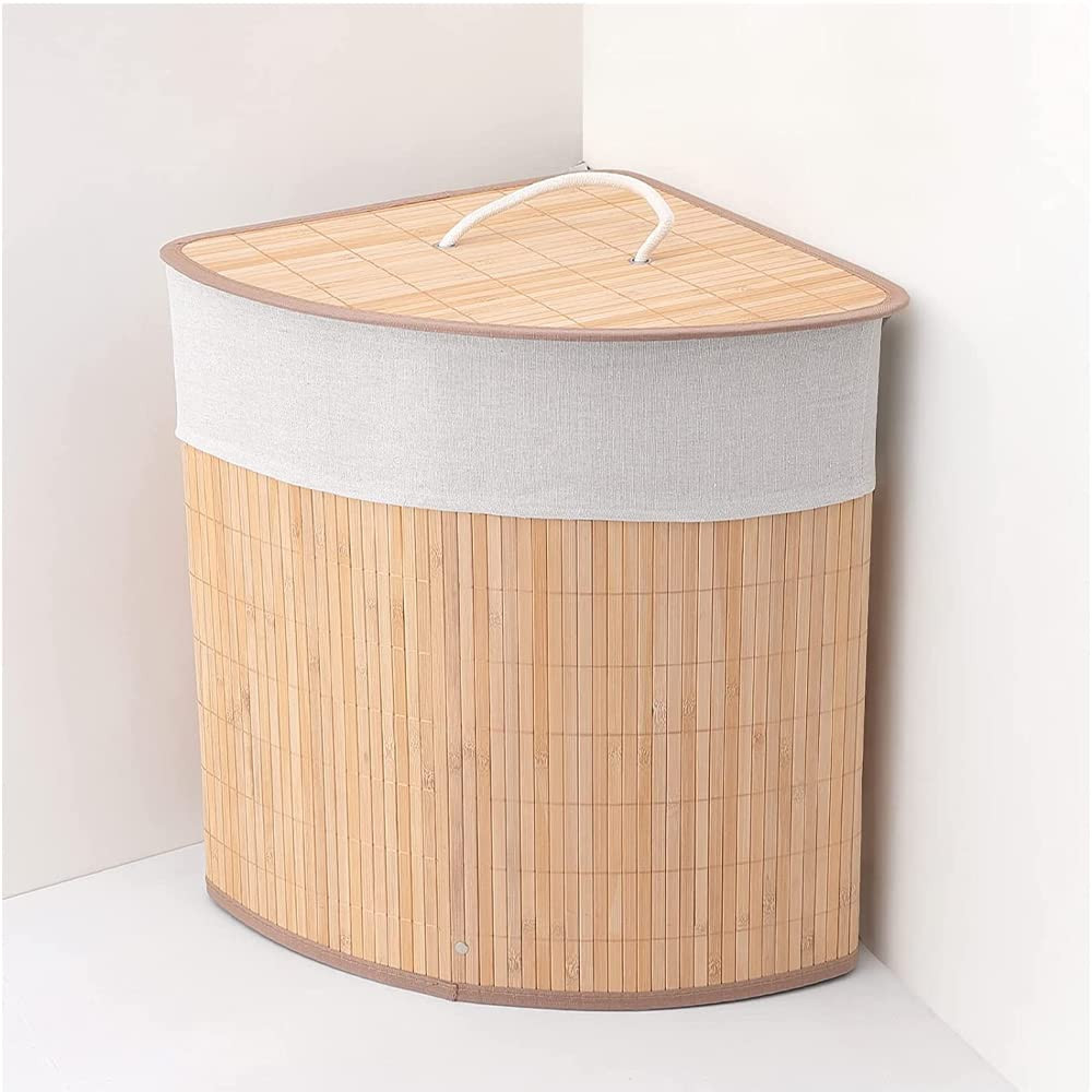 Kuber Industries Bamboo Basket With Lid|Foldable Laundry Basket For Clothes|Durable Rope Handles & Removable Bag|Natural Pack Of 1