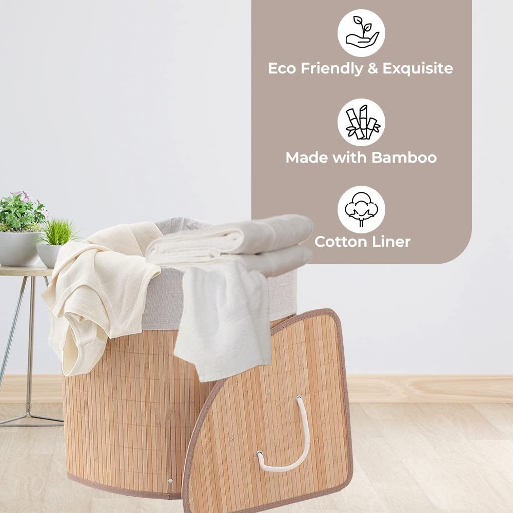 Kuber Industries Bamboo Basket With Lid|Foldable Laundry Basket For Clothes|Durable Rope Handles & Removable Bag|Natural Pack Of 1