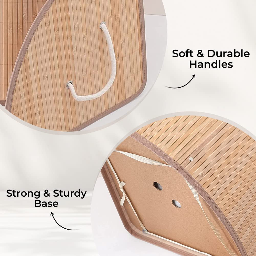 Kuber Industries Bamboo Basket With Lid|Foldable Laundry Basket For Clothes|Durable Rope Handles & Removable Bag|Natural Pack Of 1