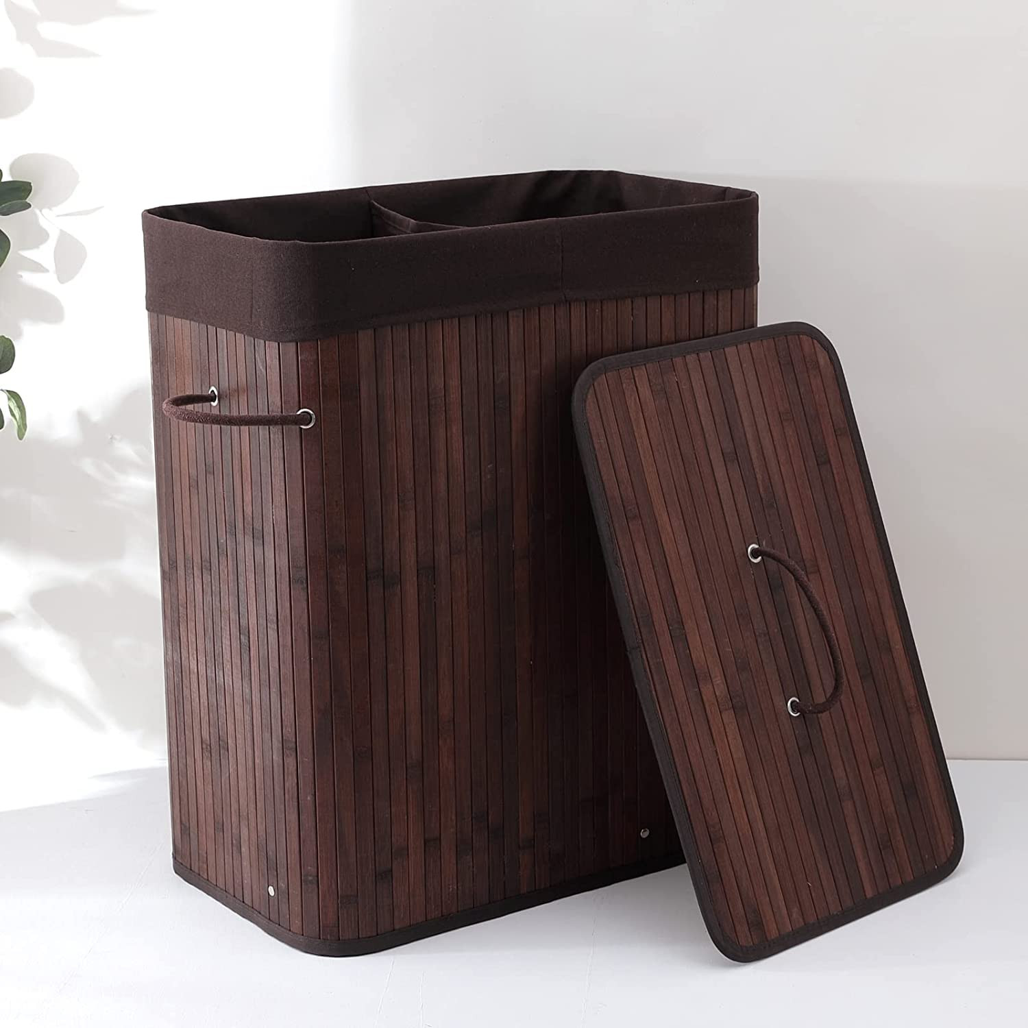 Kuber Industries Bamboo Basket With Lid|Foldable Laundry Basket For Clothes|Durable Rope Handles & Removable Bag|Dark Brown