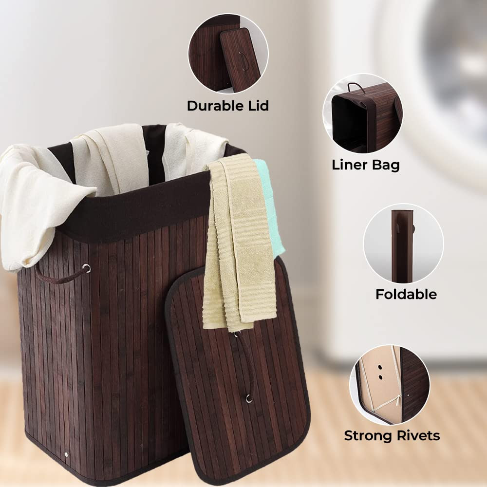Kuber Industries Bamboo Basket With Lid|Foldable Laundry Basket For Clothes|Durable Rope Handles & Removable Bag|Dark Brown