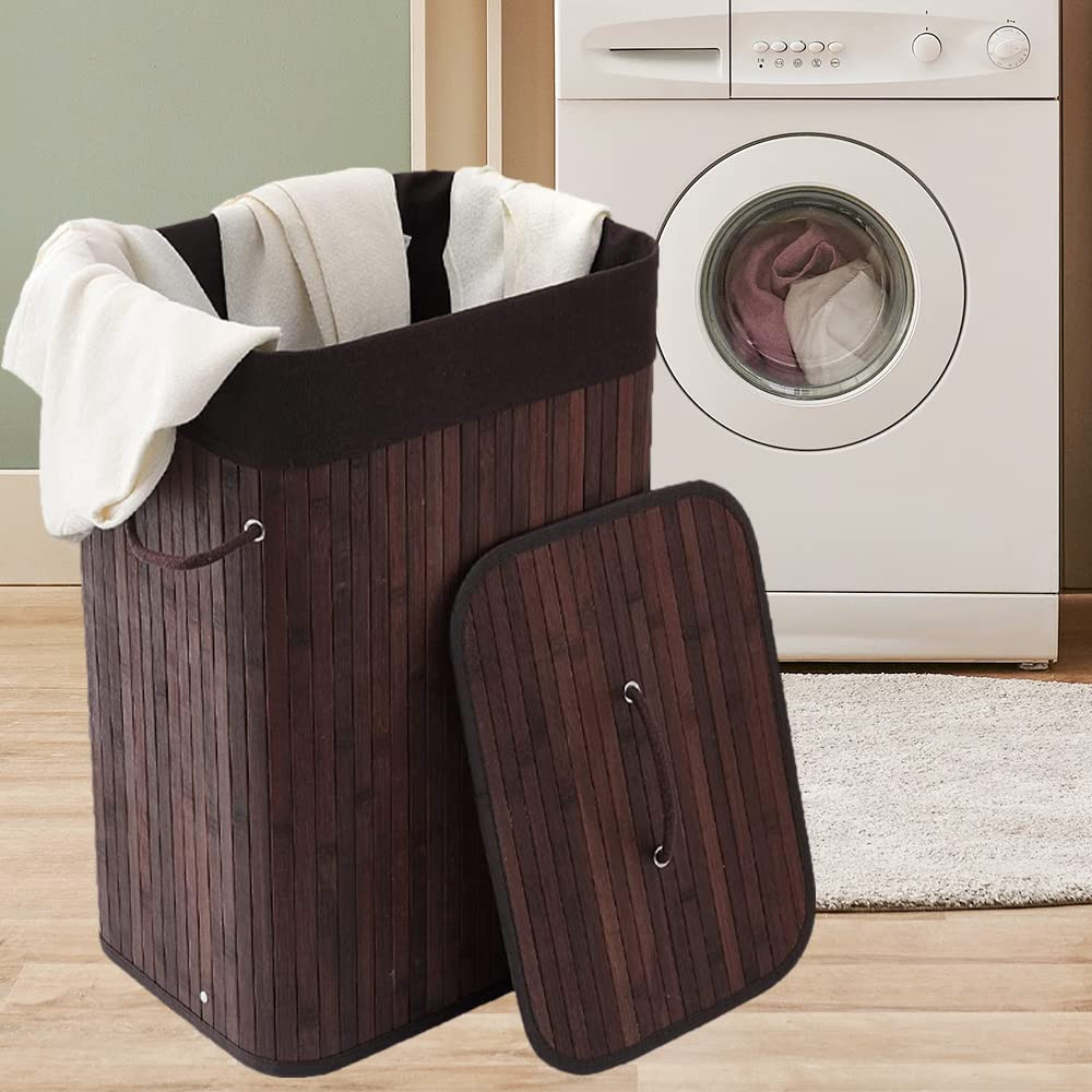 Kuber Industries Bamboo Basket With Lid|Foldable Laundry Basket For Clothes|Durable Rope Handles & Removable Bag|Dark Brown
