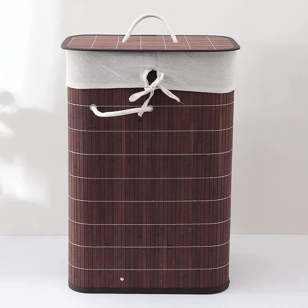 Kuber Industries Bamboo Basket With Lid|Foldable Laundry Basket For Clothes|Durable Rope Handles & Removable Bag|Dark Brown|