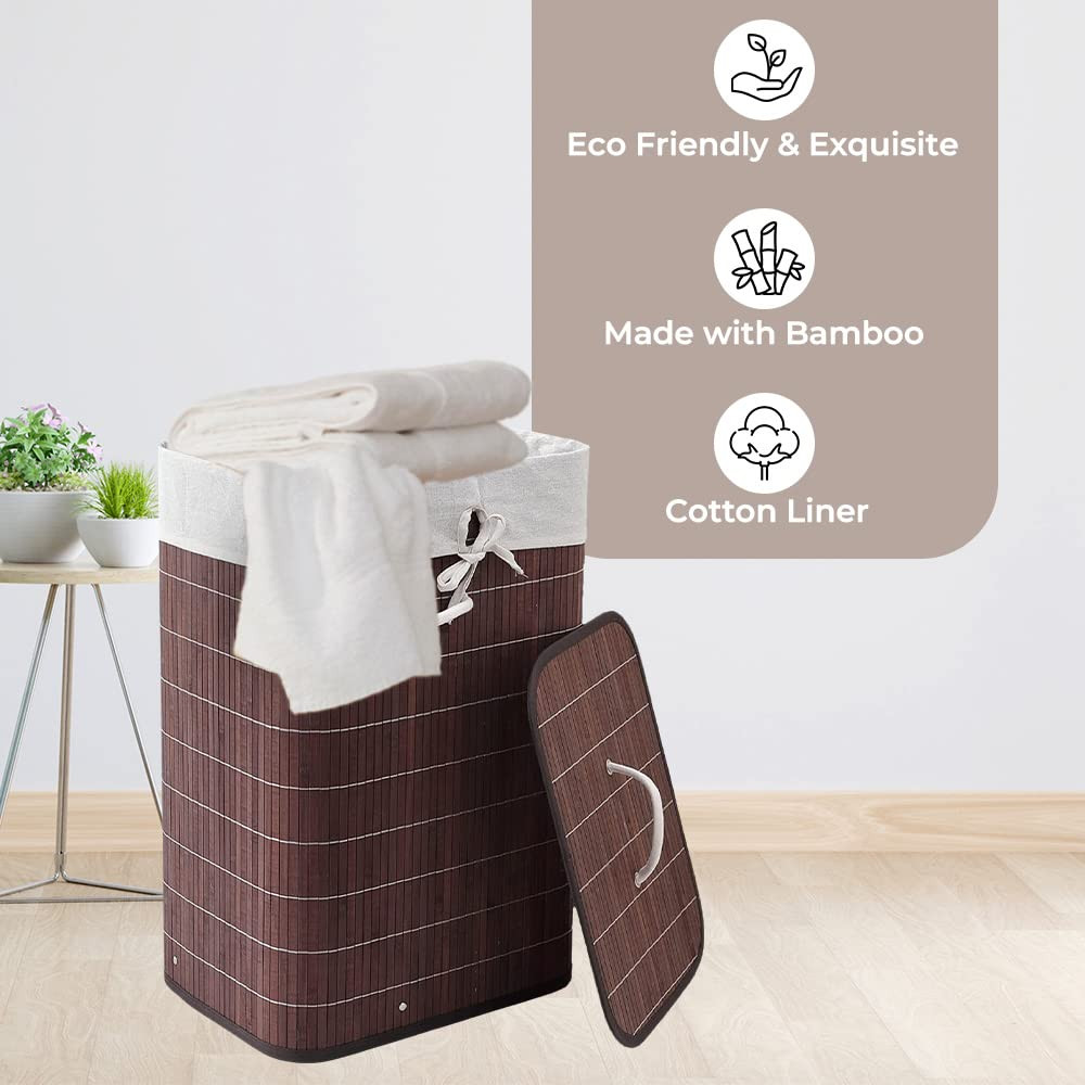 Kuber Industries Bamboo Basket With Lid|Foldable Laundry Basket For Clothes|Durable Rope Handles & Removable Bag|Dark Brown|