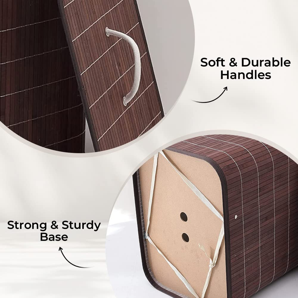 Kuber Industries Bamboo Basket With Lid|Foldable Laundry Basket For Clothes|Durable Rope Handles & Removable Bag|Dark Brown|