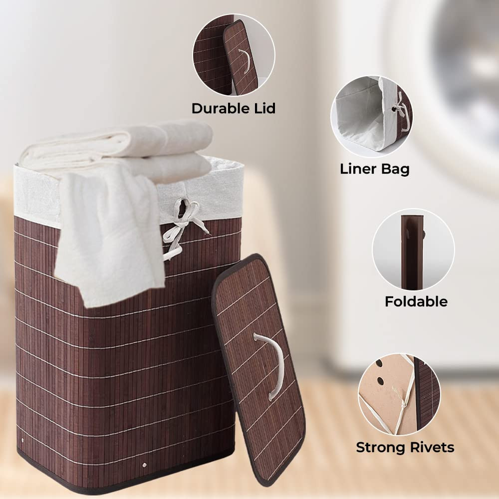 Kuber Industries Bamboo Basket With Lid|Foldable Laundry Basket For Clothes|Durable Rope Handles & Removable Bag|Dark Brown|
