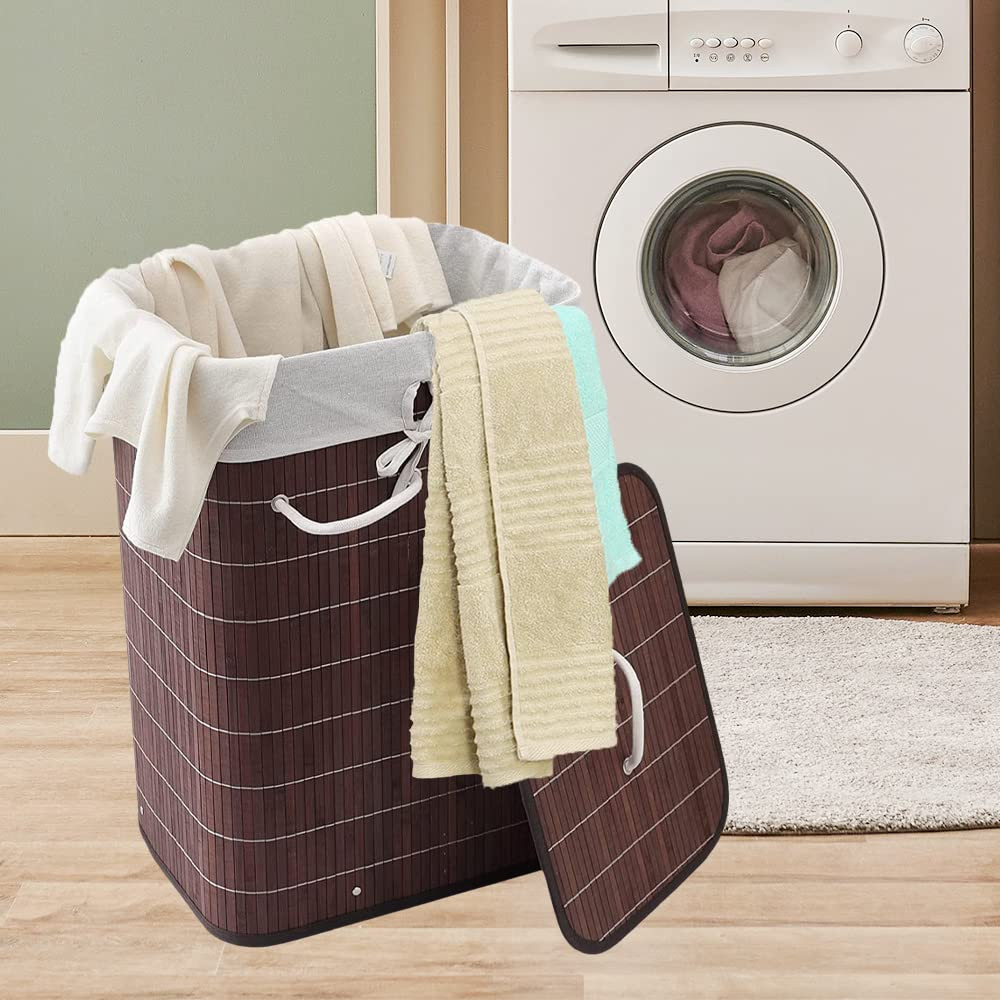 Kuber Industries Bamboo Basket With Lid|Foldable Laundry Basket For Clothes|Durable Rope Handles & Removable Bag|Dark Brown|