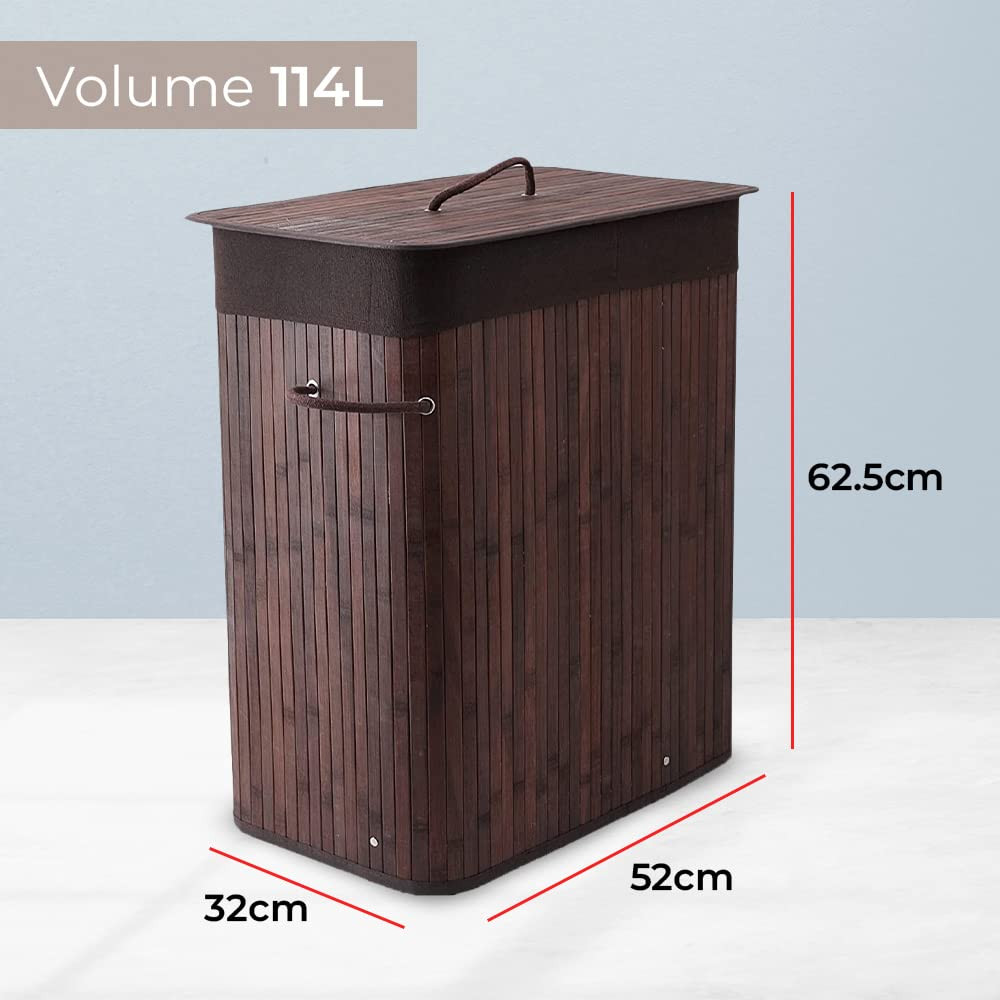 Kuber Industries Bamboo Basket With Lid|Foldable Laundry Basket For Clothes|Durable Rope Handles & Removable Bag (Dark Brown)