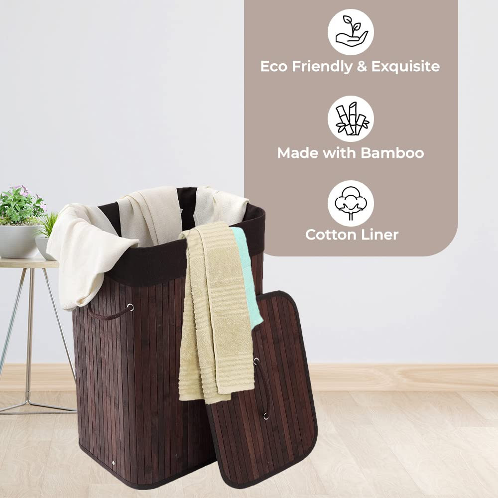 Kuber Industries Bamboo Basket With Lid|Foldable Laundry Basket For Clothes|Durable Rope Handles & Removable Bag (Dark Brown)