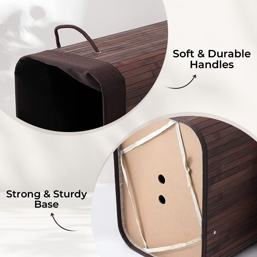 Kuber Industries Bamboo Basket With Lid|Foldable Laundry Basket For Clothes|Durable Rope Handles & Removable Bag (Dark Brown)