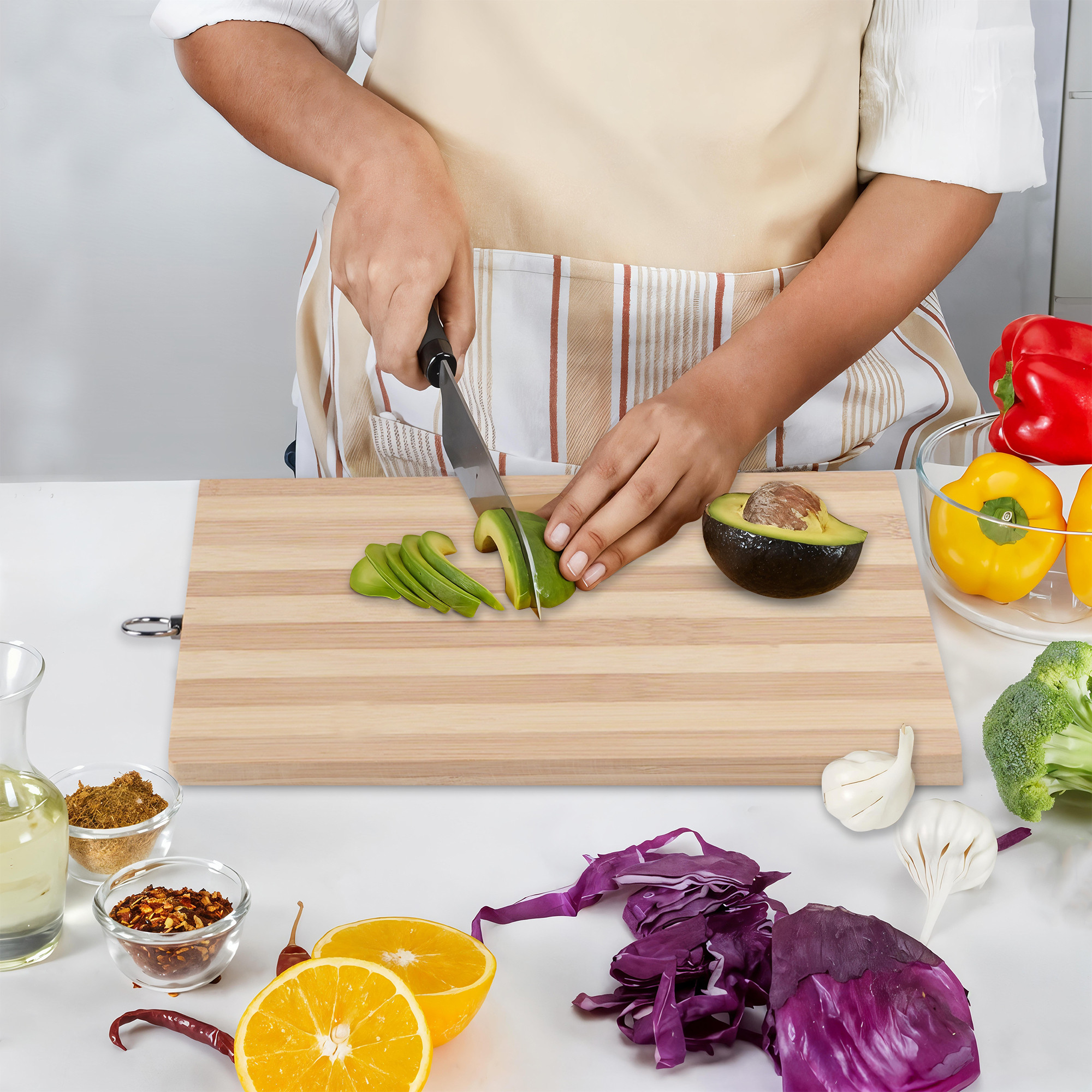 Kuber Industries Bamboo Vegetable Chopping Board Wood  Lightweight Wooden Cutting Board for Kitchen  Slicing Meat Fruits  Cheese Knife Friendly Chopper Board with Hanging Ring  CX-12  Brown