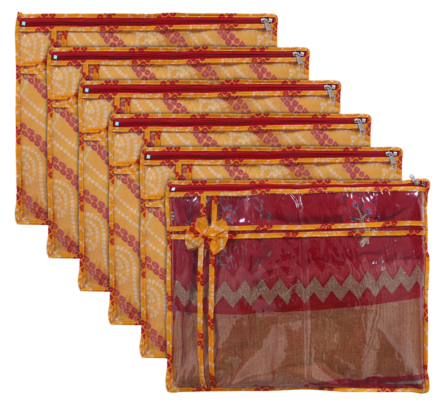Kuber Industries Bandhani Print PVC Foldable Single Saree Cover|Clothes Storage For Saree, Lehenga, Suit With Transparent  (Yellow)