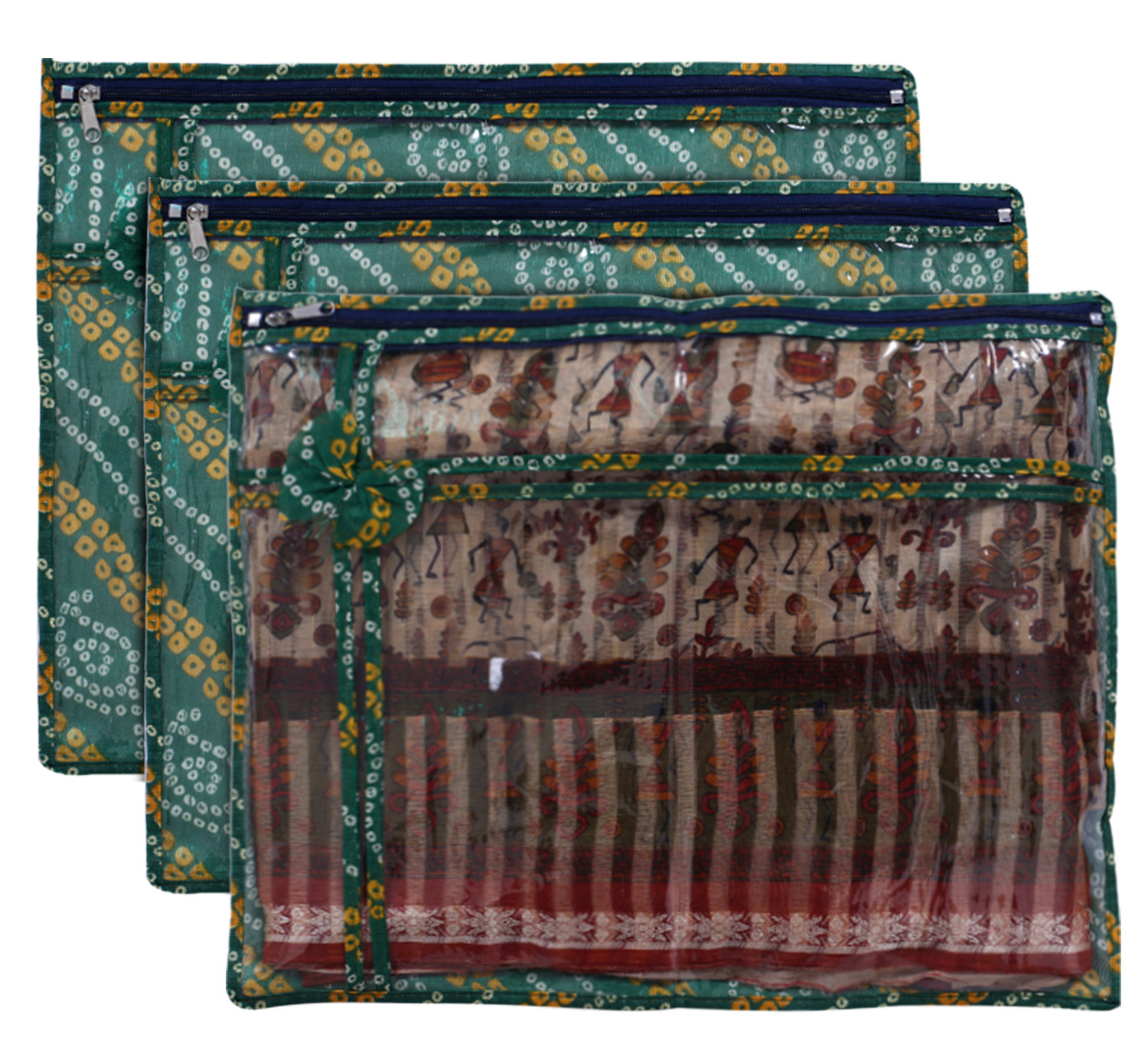 Kuber Industries Bandhani Print PVC Foldable Single Saree Cover|Clothes Storage For Saree, Lehenga, Suit With Transparent (Green)