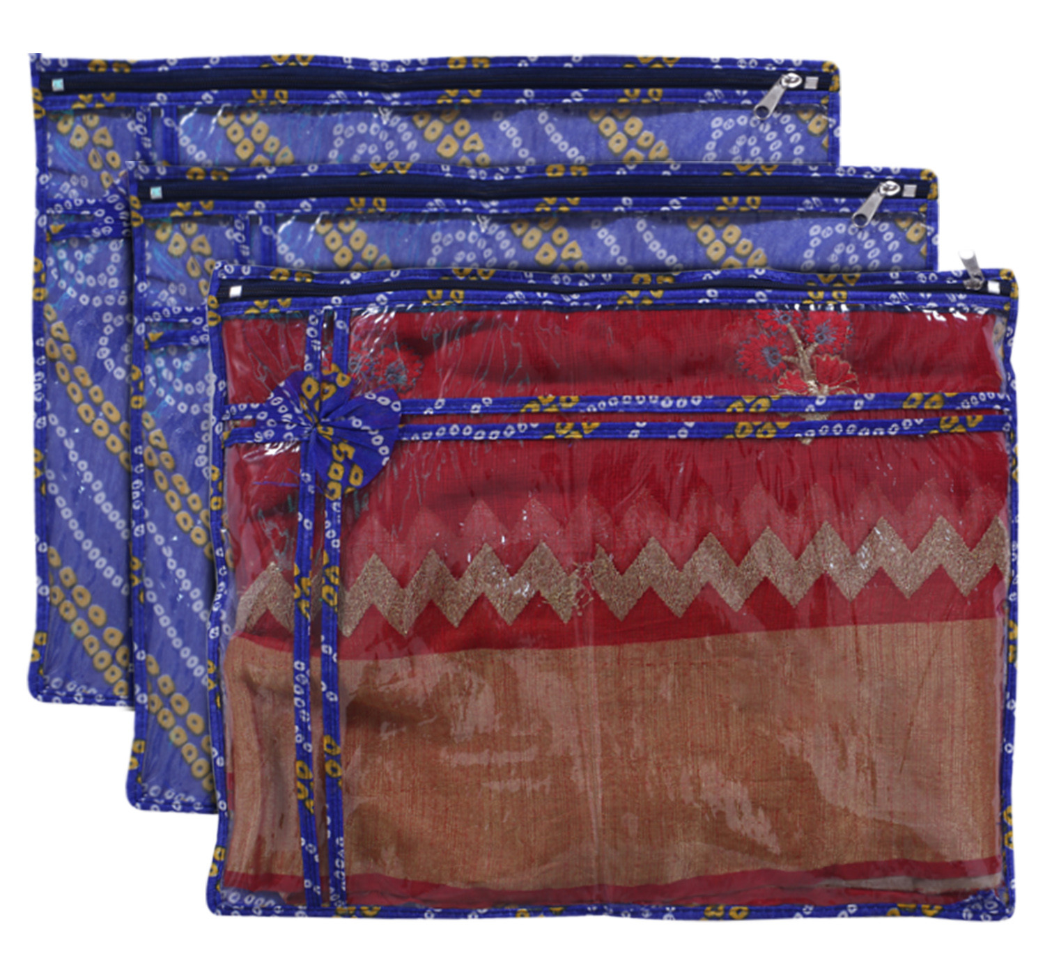 Kuber Industries Bandhani Print PVC Foldable Single Saree Cover|Clothes Storage For Saree, Lehenga, Suit With Transparent(Blue)