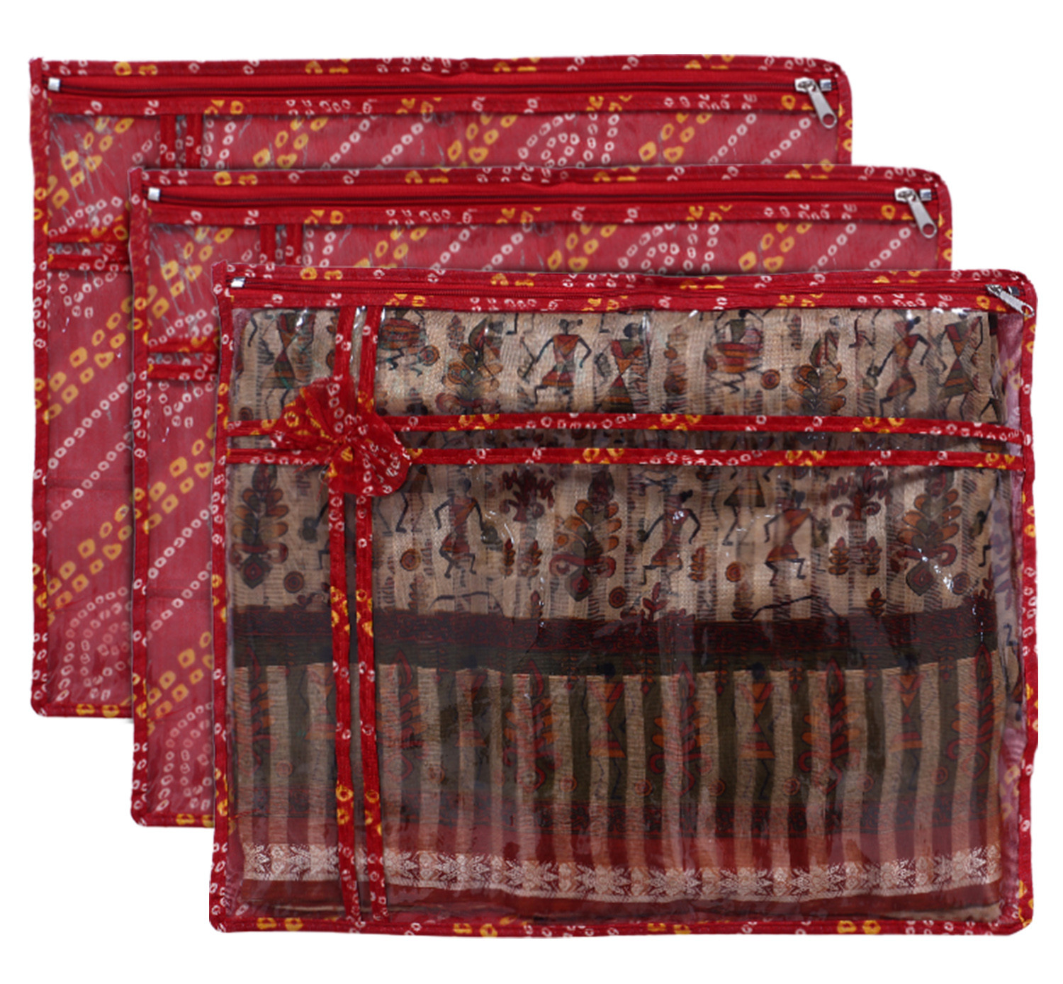Kuber Industries Bandhani Print PVC Foldable Single Saree Cover|Clothes Storage For Saree, Lehenga, Suit With Transparent (Red)