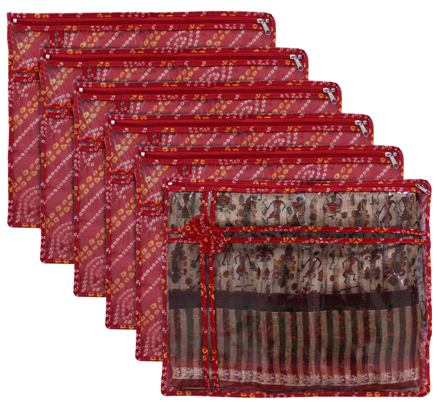 Kuber Industries Bandhani Print PVC Foldable Single Saree Cover|Clothes Storage For Saree, Lehenga, Suit With Transparent (Red)